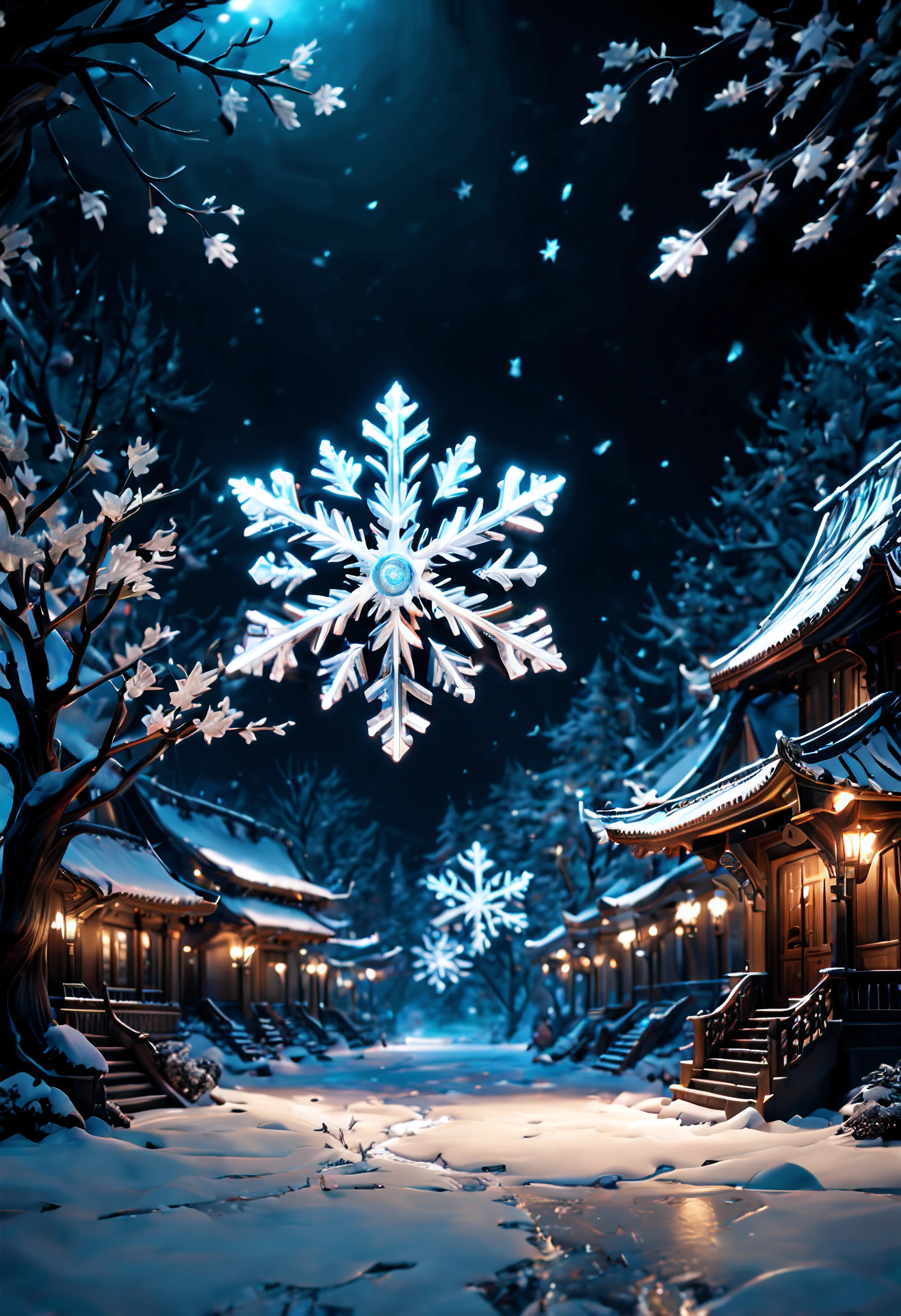 (best quality, masterpiece, Representative work, official art, Professional, unity 8k wallpaper:1.3),Ultra-wide-angle, octane render, Enhance, intricate, 

BREAK, 

luminescent shining snowflakes,very dark wonderland,magical winter.