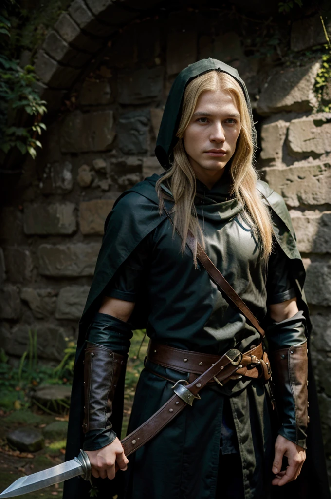 22 year old, Male, Half Elf Rogue, with long blonde hair, Serious look, in black and green leather armor, rapier sword in left hand, Elf in a hood, Thin and tall, Full-length, Slim, Very tall, Enigmatic, Hooded, Wearing a black cloak at the back, in front of a forest cave, Medieval times, Fantasy, hyper-realistic