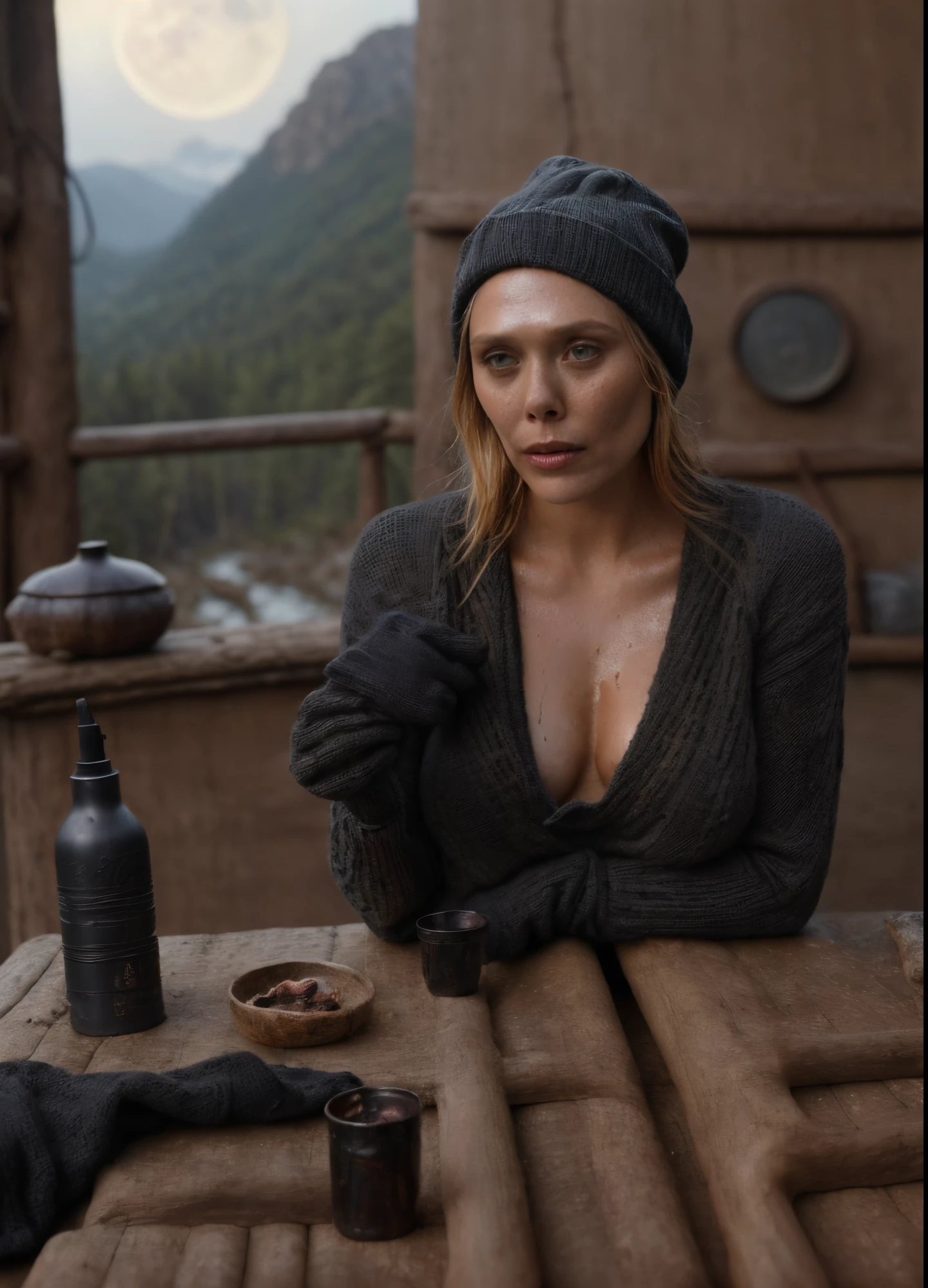 ( photo of  the Hottest woman elizabeth olsen ) ( gorgeous woman, tall woman (random paparazzi photo, full body photograph) ) [detailed sexy skin texture, attractive texture, detailed  environment] (Photos, Upper body, Solo, wearing pullover, Outdoors, (Night), Mountains, Nature in real life, stars, Moon, (cheerfulness), sleeping bag, mitts, Sweater, Beanie, Flashlight, forest, Rocks, River, wood, Smoke, Heavy fog, (SWEATY skin, shiny skin, (black color  hair), oily wet hair, yellowish skin tone ),  a bedsheet on body , super sexualized, seductive expression ) ( photorealistic detailed environment) (detailed textures) (( perfect body parts, detailed facial features, (ultra  photorealistic lighting)  ,85mm, 100mm lens ))