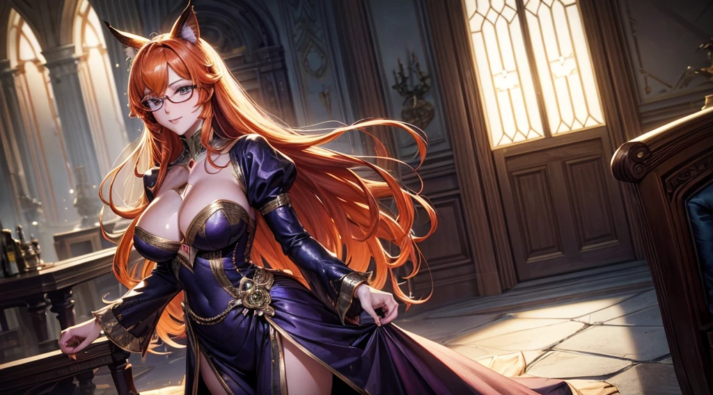 (masterpiece, best)), (1girl), (mature woman), Orange hair, open-chest seduction, flared, (mobster lady), bangs, medium breasts, glasses lady, (full), slim, smile, [wide hips], standing, 8K picture quality, sexy seduction, (open-chest) (Sharp focus: 2.0), (sharp focus:1.5), (beautiful face:1.1), (eye makeup:1.2), (tight body:1.2), wearing (mafia dress:1.2) (standing on a royal staircase :1.2). (sunset lighting:1.2), ((Masterpiece)), (highest quality))), (Character design sheet, national costume, same character, front, side, back), ( Masterpiece:1.2), (Best Quality:1.3) (best quality:1.1) realistic:1.37 long, flowing:1.1 luscious, plump:1.1 sparkling sequins:1.1 subtle, Purple:0.9 soft, warm:1.1 best quality,4k,8k,highres,masterpiece:1.2, realistic,photorealistic,photo-realistic:1.37, ultra-detailed:1.1 busty animal ears, beautiful, detailed ears:1.1 best quality, 4k, highres, masterpiece:1.2 detailed, piercing eyes:1.1 4k, 8k, highres, masterpiece:1.2 very three-dimensional: 1.2 (8k, best quality, masterpiece:1.2 ((masterpiece, best))