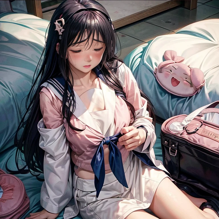1girl, Hinata Hyuga, big breast, no clothes or bra, white skin, (((blush))), crying, (((sleep mode))), solo, (((Hinata Hyuga)))