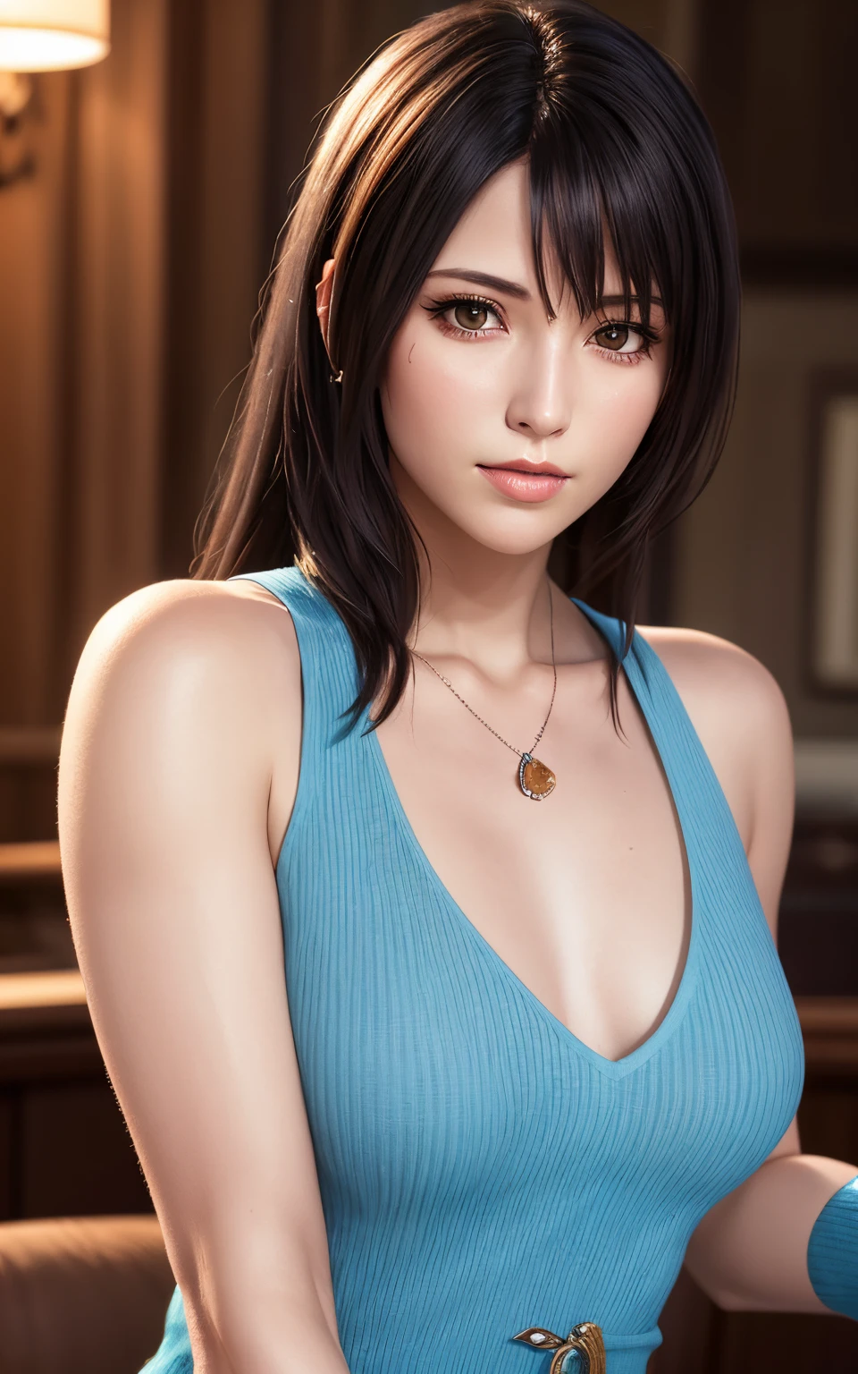 rinoa, blue duster, blue wristbands, holding necklace, portrait body, unparalleled masterpiece, ultra realistic 8k CG, perfect artwork, clean, beautiful face, pure face, pale skin, intricate detail, prestige, gorgeous, luxury, fancy ballroom