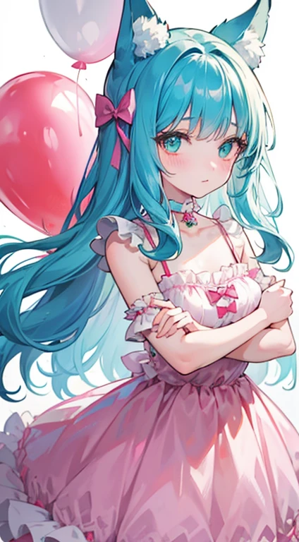 High quality, masterpiece, ultra-detailed, highly detailed outfit, pink bra, choker, little bows, frills, 1 girl, solo, fox girl, playful expression, long light blue hair, enchanting green eyes,  shiny skin, hugging overinflated balloon