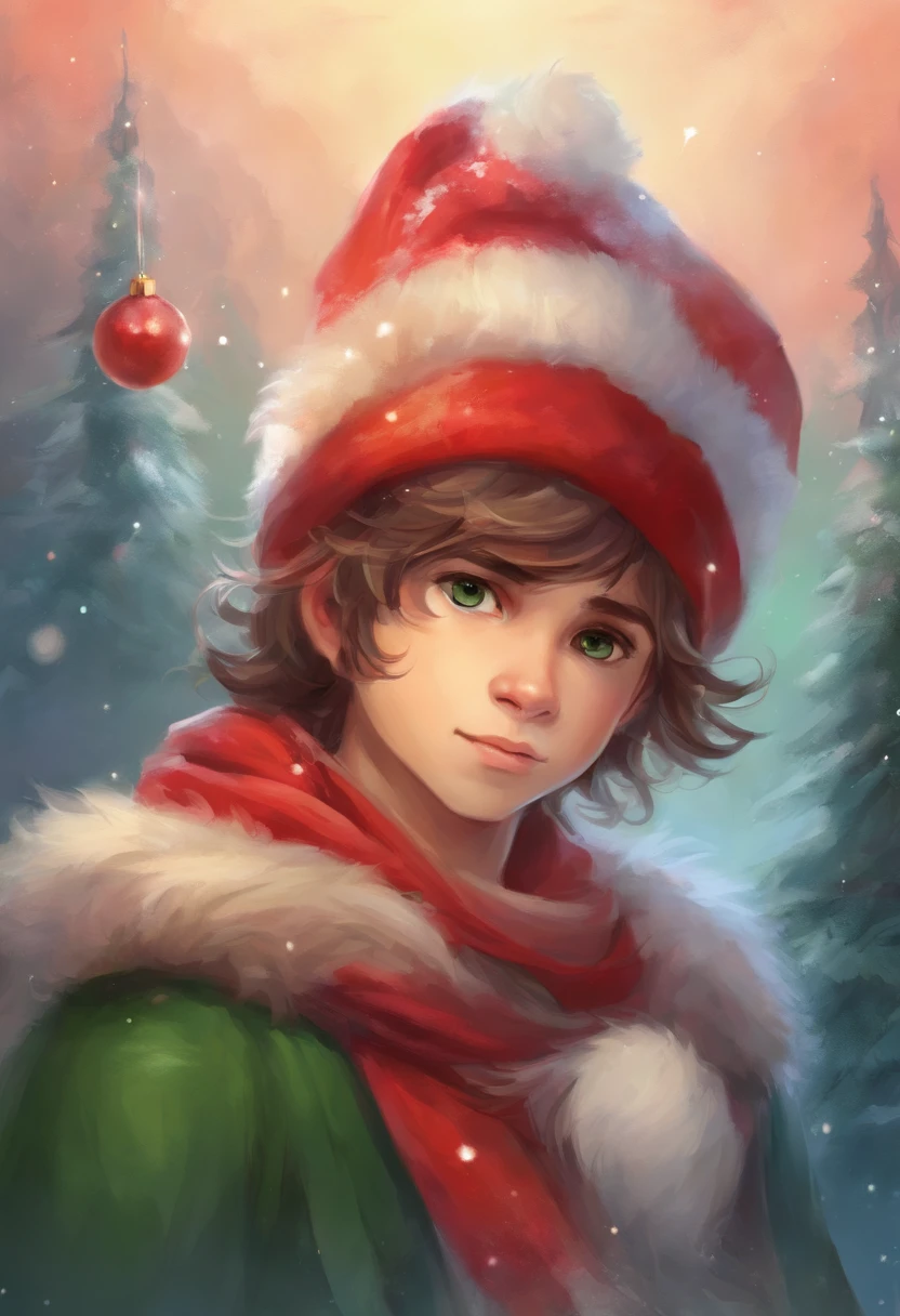 Portrait of a cute boy's face in high definition, big bright eyes, rosy cheeks, with Christmas hat, green coat and red scarf, looking at camera.