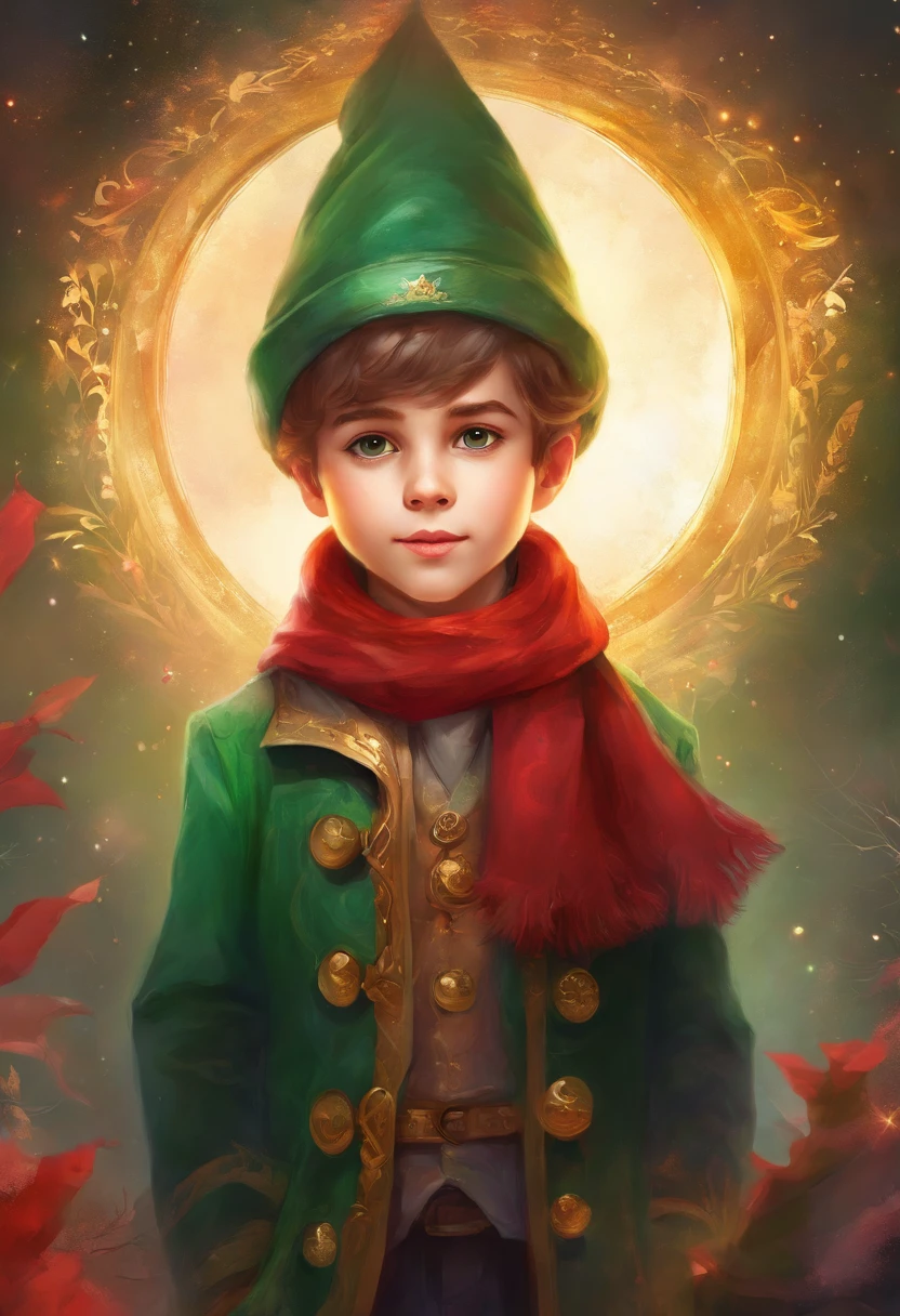 Portrait of a cute boy's face in high definition, big bright eyes, rosy cheeks, with Christmas hat, green coat and red scarf, looking at camera.