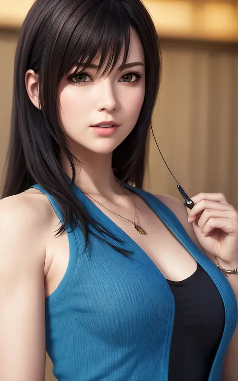 rinoa, blue duster, blue wristbands, holding necklace, portrait body, unparalleled masterpiece, ultra realistic 8k cg, perfect a...