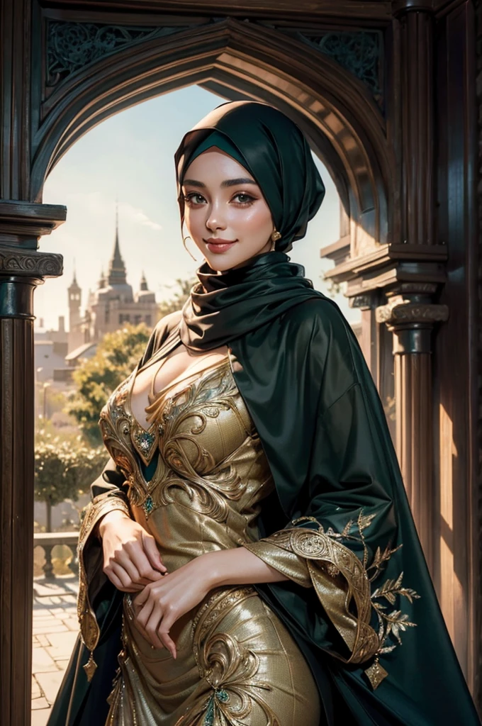 Evening scene, half-body photo of a very beautiful girl with hijab, posing, looking at the camera and smile, big long-dark green hijab, covering the whole chest , dark green long-large abaya robe, made of cotton, no ornaments, 35 years old, absolutely beautiful face, hazel eyes, pointed nose, narrow face, high cheekbones, full pretty lips, beauty pageant winner, calm smile, tight smile, dynamic pose, soft volumetric lightings, cinematic, intricate details, digital photo, 32K Ultra HD, photo realistic, sharp details, proportional face, proportional body, perfect shapes and sizes, intricate details