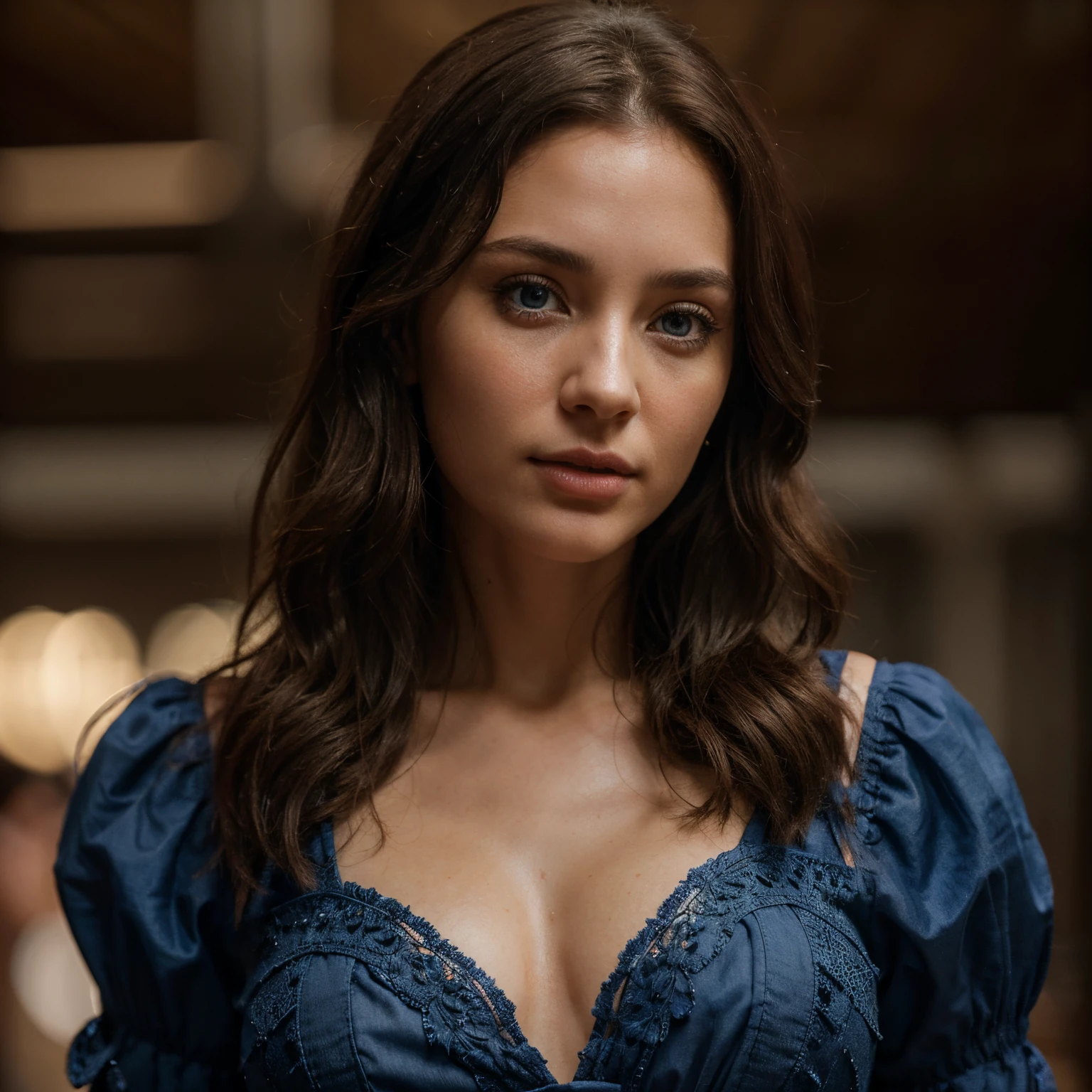 Cute brunette wearing dress made of blue stone, very detailed, 30 years old, innocent face, medium natural breasts, natural wave hair, blue eyes, high-res, masterpiece, best quality, intricate details, highly detailed, sharp focus, detailed skin, realistic skin texture, texture, see all body, detailed eyes, professional, 4k, Kodak vision colour, perfect fit body, extremely detailed, photo_\(ultra\), photorealistic, realistic, post-processing, max detail, roughness, real life, ultra-realistic, photorealism, photography, 8k UHD, holding finger on lip