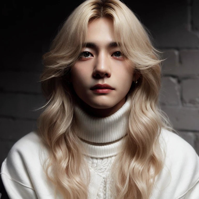 a close-up of a person with long blonde hair and a white sweater, Retrato de Jossi de Blackpink, Inspirado em Jeonseok Lee, portrait of kpop idol, Hyung Tae, Steven Jung, Cai Xukun, Hong June Hyung, com longos cabelos brancos, TaeJune Kim, Wonbin Lee, com cabelos longos brancos, Hyung Tae Kim, longo comprimento liso cabelo branco