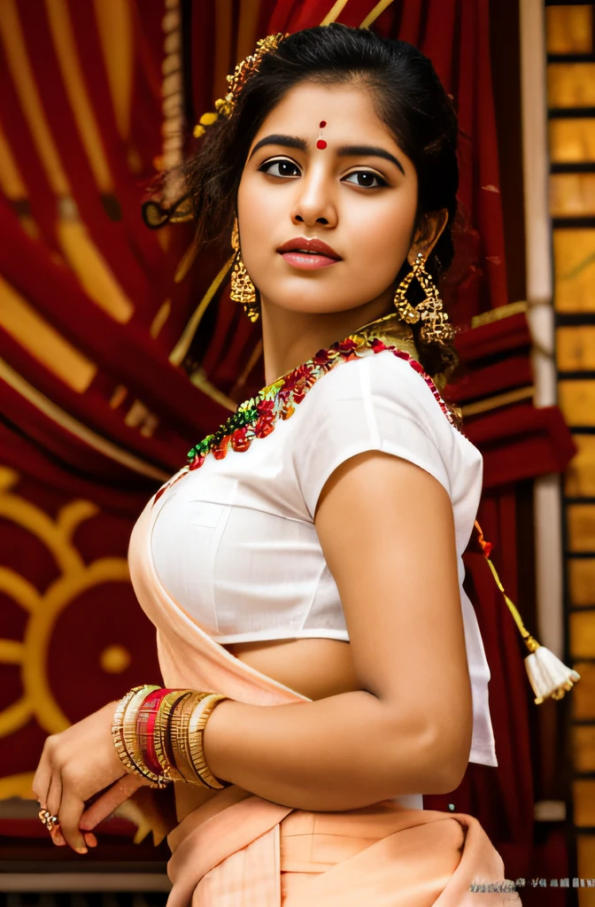 Day scene, close up photo of a indian from top view, (Masterpiece, Best Quality, High Resolution), evening Background, ((Paint Splash, Color Splash, Splash of Ink, Color Splash)), Sweet indian female actress, hour glass body shape,maroon lips, white blouse, lightly makeup,ultra realistic, realistic, look at viewer (cinematic:1.3), intricate details, (ArtStation:1.2) Naked