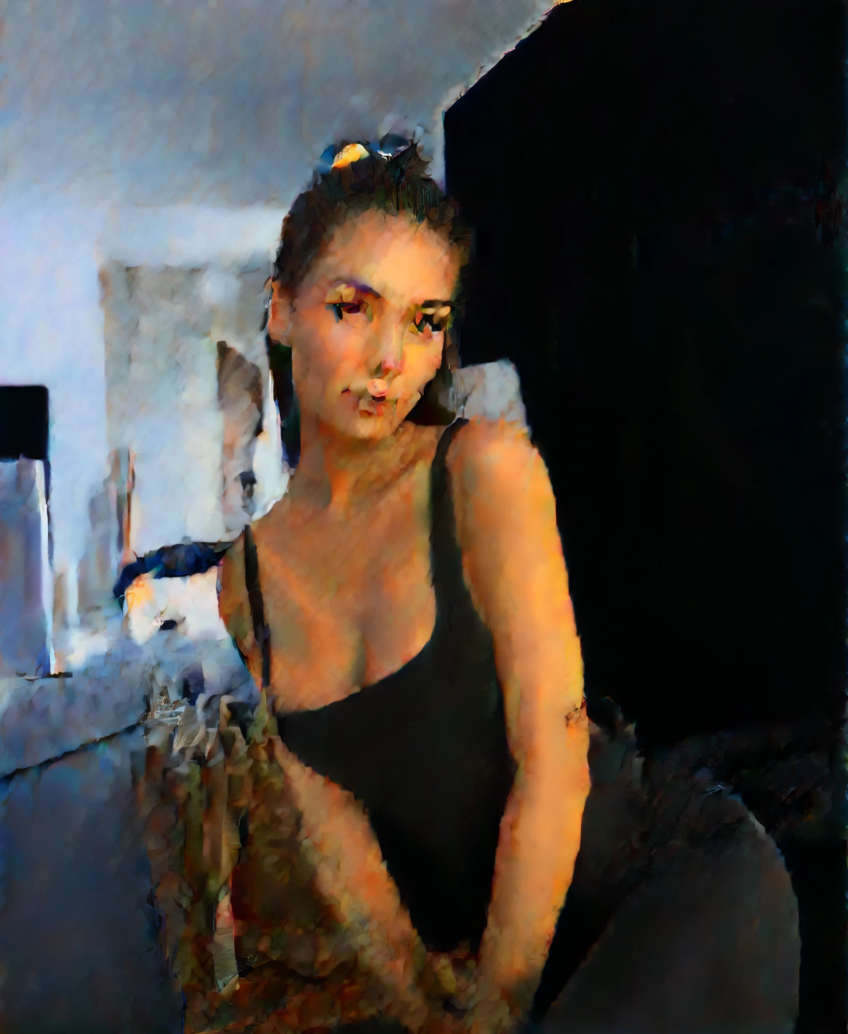 Arafed Mujer con camiseta sin mangas y bragas a juego, 16 year old girl with blue eyes, piel blanca, Light brown hair and big eyes, selfie de una mujer joven, Camera eyes, sin maquillaje, Maquillaje natural, staring directly into camera, cara con artgram, maquillaje sutil, Gran foto de cuerpo entero, in the room, escote, pecho plano