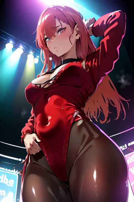 lighting like a movie、top-quality、Pole Dancing Women、Eyes from below、on a stage、embarrassed from、full of sweat、Wearing sweat、Red lingerie with a whole ripped in the crotch exposing pussy、