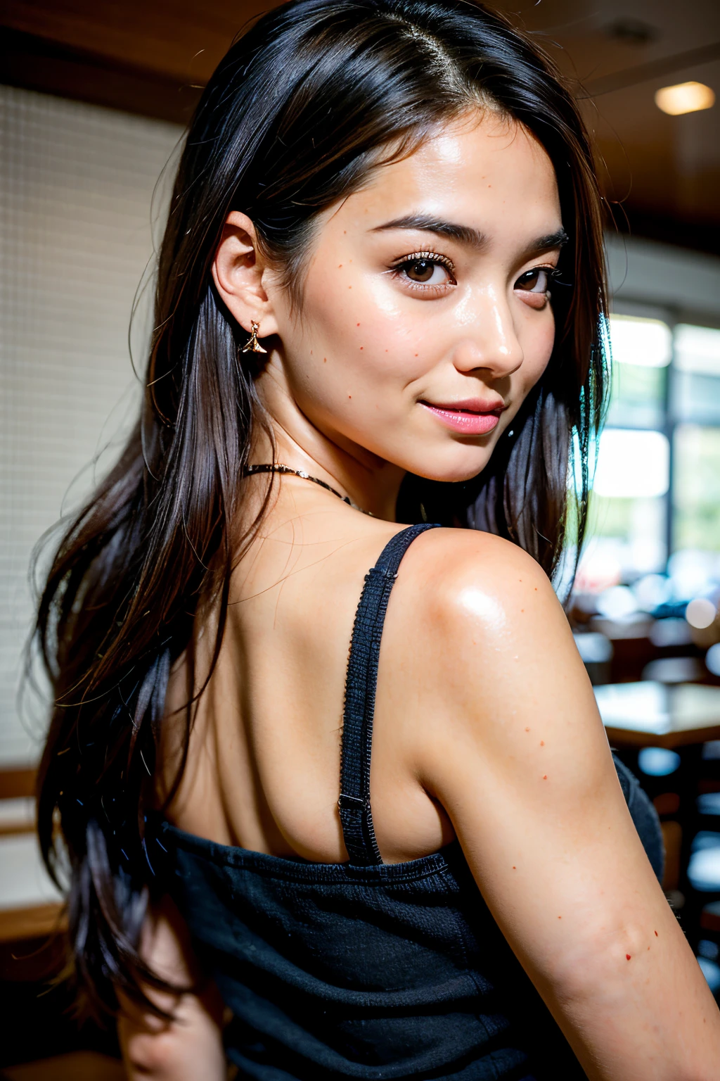 close up photo of a 24 year old brunette woman named kimmie miso, that has a very natural face, earrings, long eyelashes. looking away from camera, smiling, in a cafe