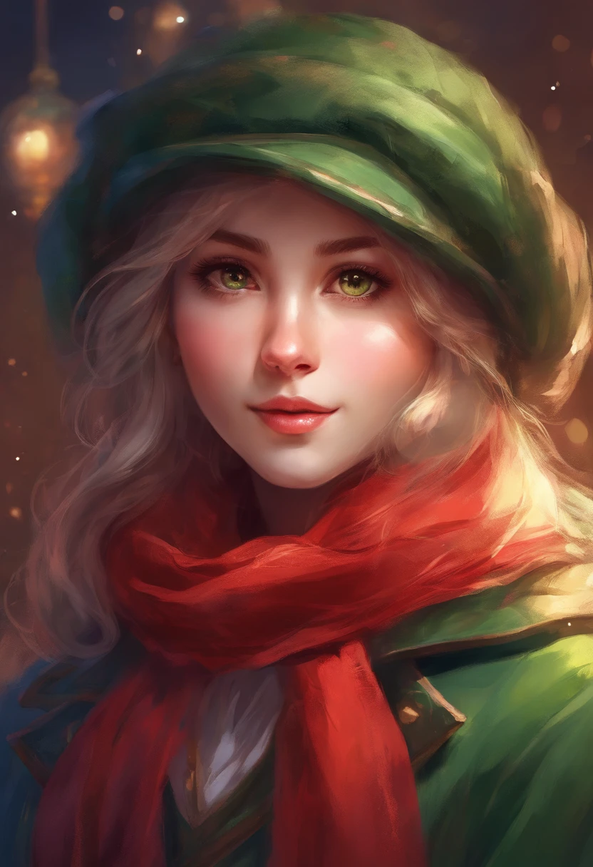 Face portrait of a cute girl in high definition, big bright eyes, rosy cheeks, with Christmas hat, green coat and red scarf, looking at camera.