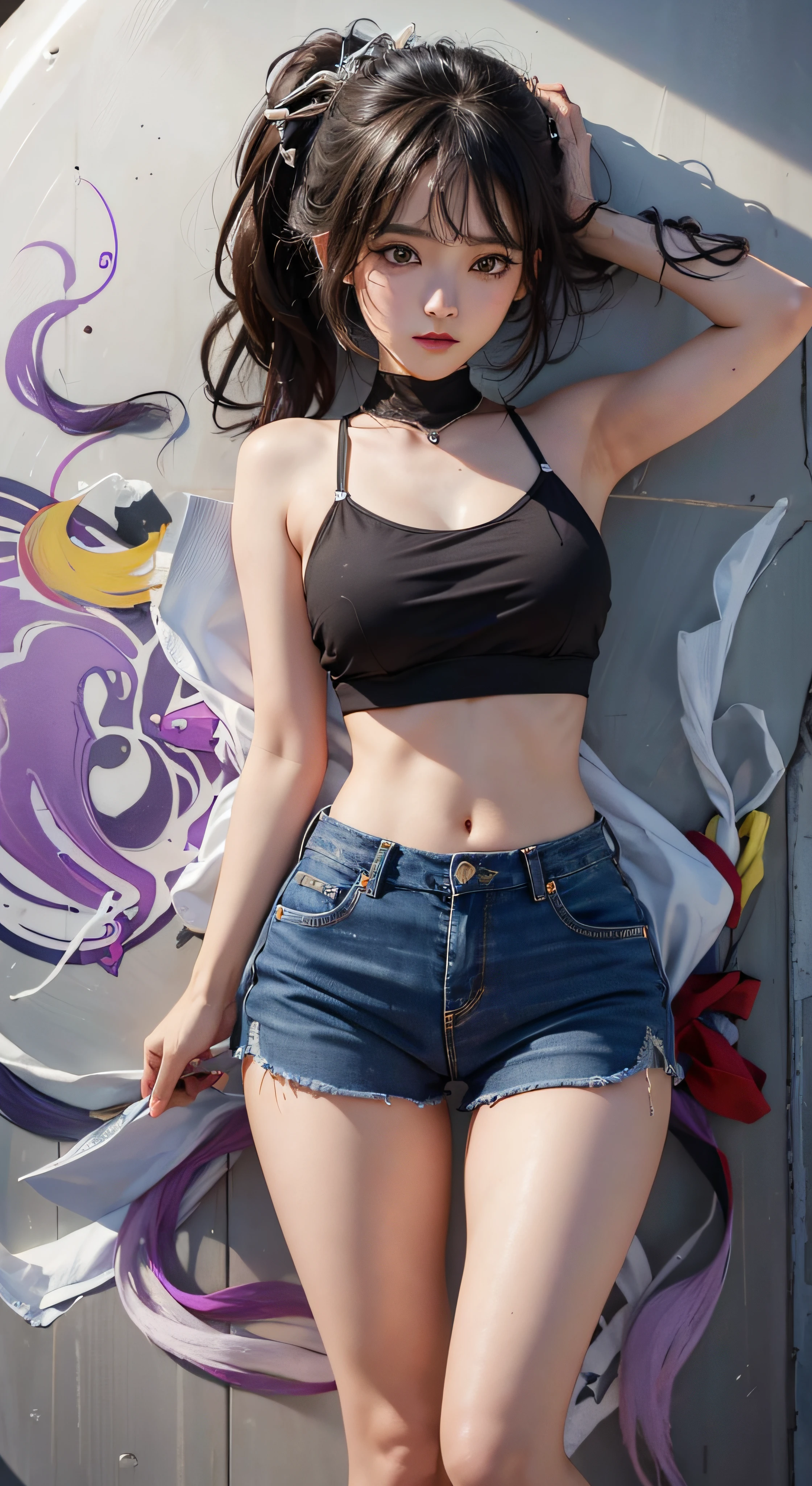 Kujou Sara Genshin Efeito, master part, melhor qualidade, 1meninas, mediuml breasts, Dachshund ,rabo-de-cavalo, Somente, topo de corte, shorts jeans, Gargantilha, (grafity:1.5), Splash with purple lightning pattern., arm behind the back, contra a parede, Look at the audience from behind., pulseira, thigh strap, head tilt, entediado, rabo-de-cavalo, water eyes,
