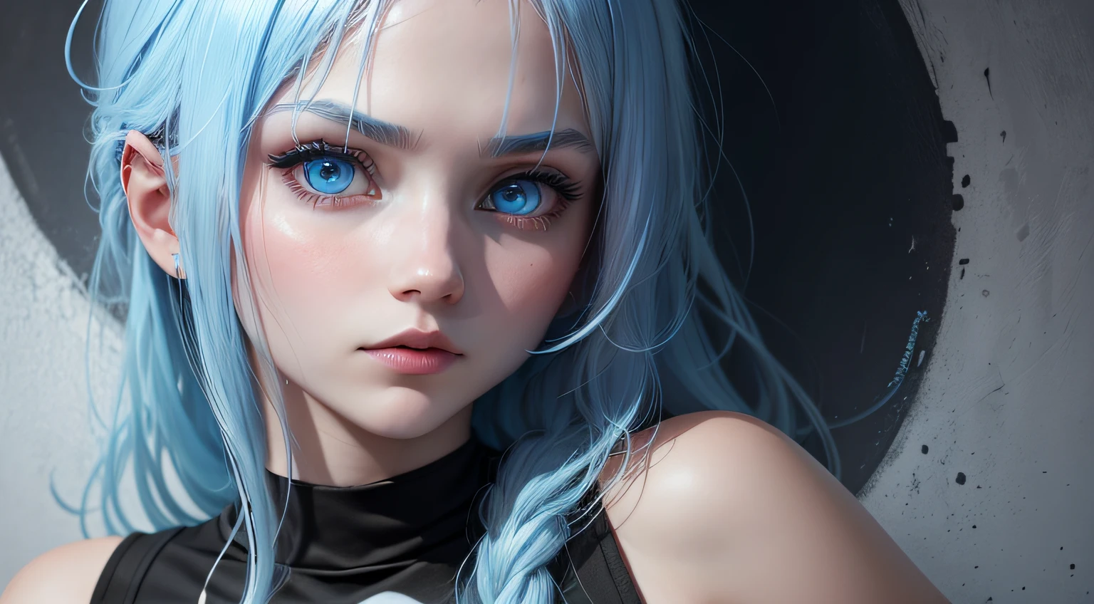 1 fille russe, cheveux bleu clair, beaux yeux bleus, t-shirt tête de mort black, placer sur un mur blanc au centre de l'image,Camera at 45 degrees vers le bas en haut, ultra realist