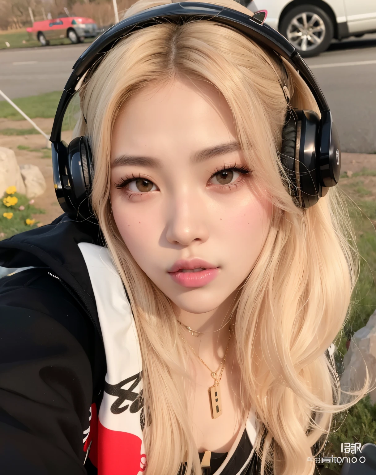 mulher loira com fones de ouvido posando para uma foto em um parque, Parque Roseanne do Blackpink, Retrato de Jossi de Blackpink, com fones de ouvido, Portrait of female Korean idol, 韓国アイドル, portrait of kpop idol, com fones de ouvido, Usando fones de ouvido, tzuyu de duas vezes, Guweiz, jossi do blackpink, menina usando fones de ouvido, usando fone de ouvido para jogos