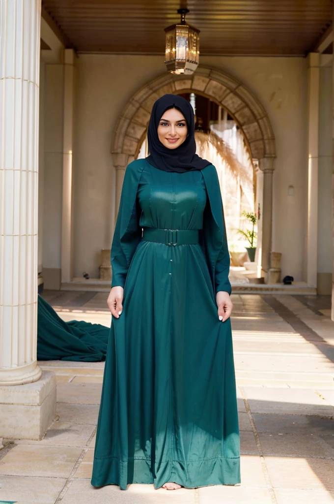 Evening scene, half-body photo of a very beautiful girl with hijab, posing, looking at the camera and smile, big long-dark green hijab, covering head and upper body , dark green long-large abaya robe, made of cotton, no ornaments, 35 years old, absolutely beautiful face, hazel eyes, pointed nose, narrow face, high cheekbones, full pretty lips, beauty pageant winner, calm smile, tight smile, dynamic pose, soft volumetric lightings, cinematic, intricate details, digital photo, 32K Ultra HD, photo realistic, sharp details, proportional face, proportional body, perfect shapes and sizes, intricate details