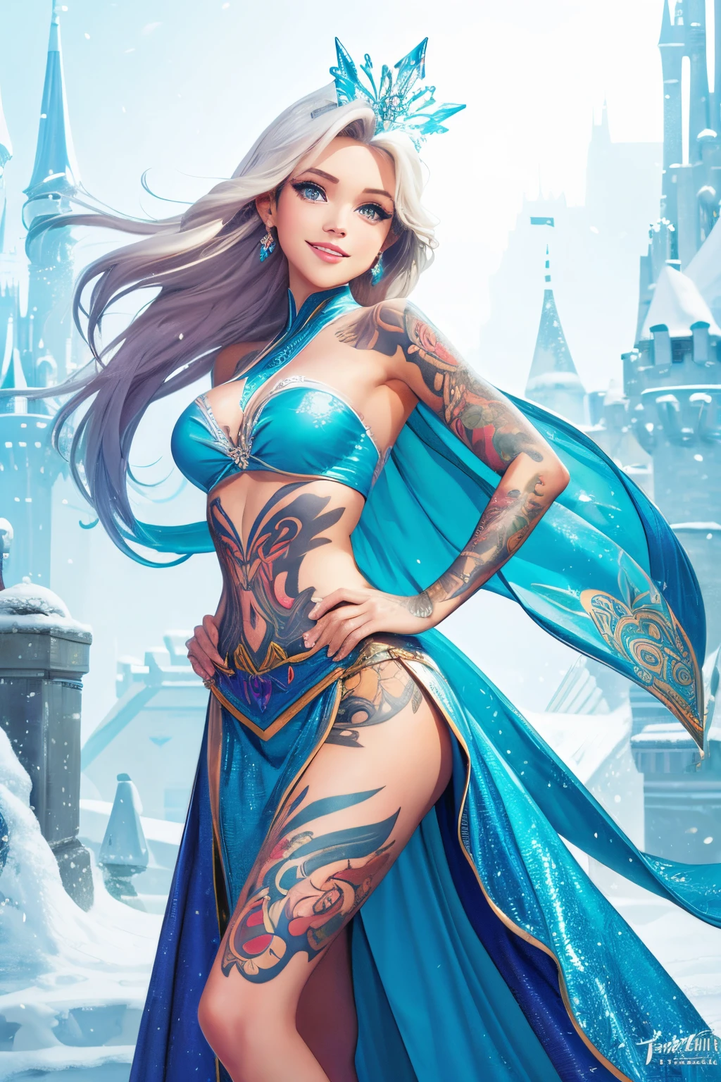 beautiful Disney princess, stunning face, smiling, half body shot, frozen background, J Scott Campbell style, 8k, ultra sharp, tattoo
