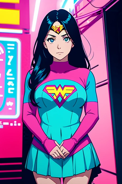 Wonder Woman, standing in downtown Tokyo with lots of pink and teal neon ads, about to lift off, looking straight into camera with a slightly grim look, extremely cute, full body image, satin body suit and skirt