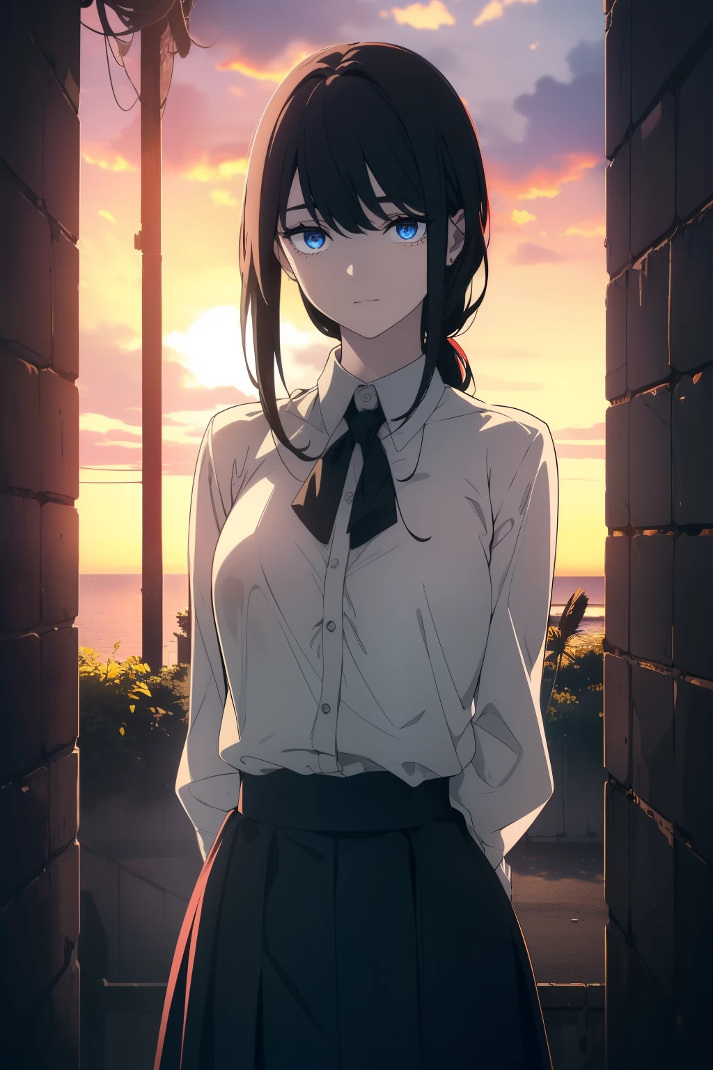 (((Obra maestra, La mejor calidad, ultrahigh resolution))), 1girl, standing, school uniform, white office shirt, black pleated skirt, ((light brown hair:0.7)), long hair cut, pale skin, ((blue eyes)), glowing_eyes, neon eyes, (((ultra detailed eyes, beautiful and detailed face, detailed eyes))), ((centered)), smile, ((wide shot)), facing viewer, eye level, (sunset background), flat chested, looking at viewer, ((half closed eyes)), ((perfect hands)), (((head, arms, hips, elbows, in view))), ((hands behind back)), empty eyes, beautiful lighting, outside, outdoors, shooting star:0.7, background, defined subject, massive hot sun, 25 years old