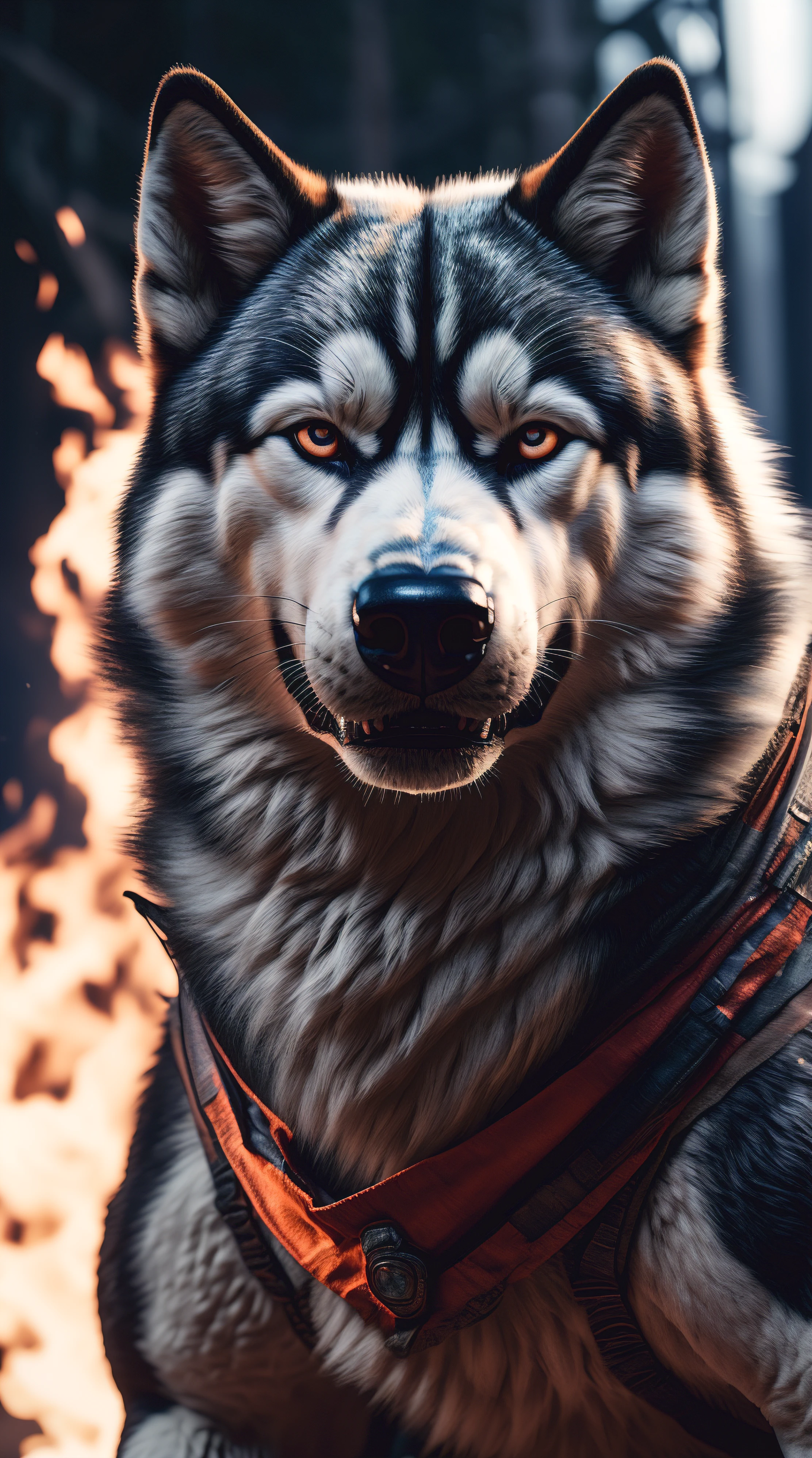 (best quality,16k,32k,Altas,master part:1.2),ultra-detalhado,(Realistic,fotorrealista,photo-realistic:1.37),(Husky Siberiano Orochi definitivo) bright shining golden eyes realistic fire background of totally destroyed United States alone looking at camera serious expression.