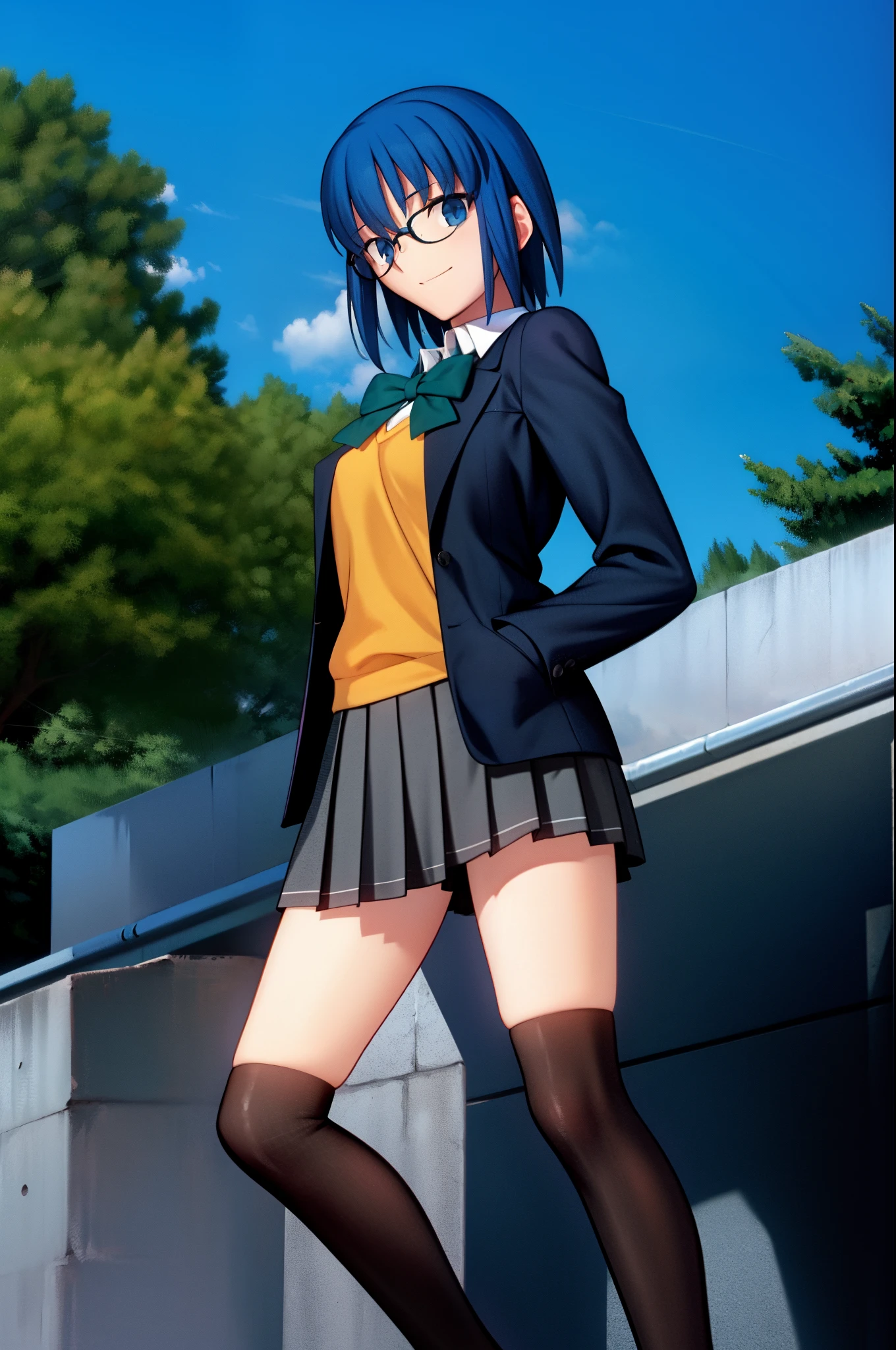 ciel_(tsukihime), 1girl, black jacket, blazer, blue hair, blurry, bow, bowtie, building, cloud, collared shirt, day, depth of field, fence, from side, glasses, green bow, green bowtie, jacket, looking at viewer, school uniform, grey skirt, pleated skirt, shirt, short hair, sky, solo, standing, (full body:1.5), (from below:1.4), thighs, vest, white shirt, yellow vest, outdoors, smile, black-framed eyewear, open clothes, blue sky, closed mouth, long sleeves, tree, open jacket, blue jacket, breasts, arms behind back, yellow cardigan, uniform, pocket