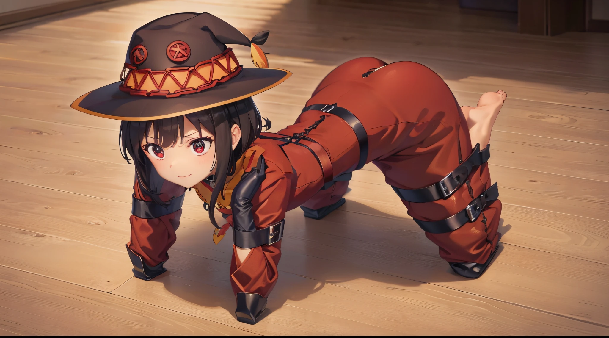 ((bound bdsm bondage on all fours humandog)),(masterpiece, best quality), intricate details, 1girl, megumin, short hair, dress, red dress, hat, witch hat, belt indoors,