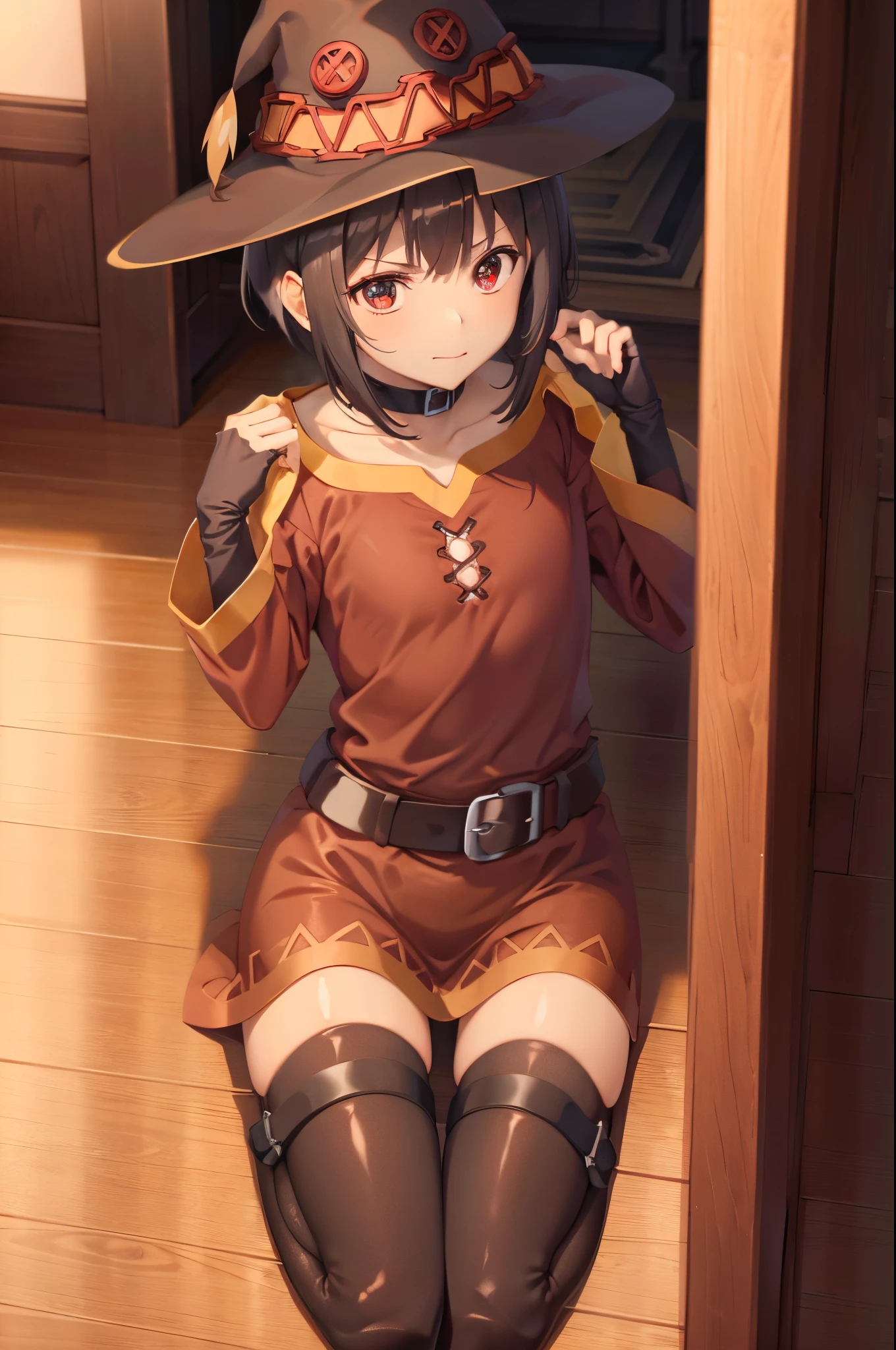 bound
bdsm
bondage
on all fours
humandog,(masterpiece, best quality), intricate details, 1girl, megumin, short hair, dress, red dress, hat, witch hat, belt indoors,