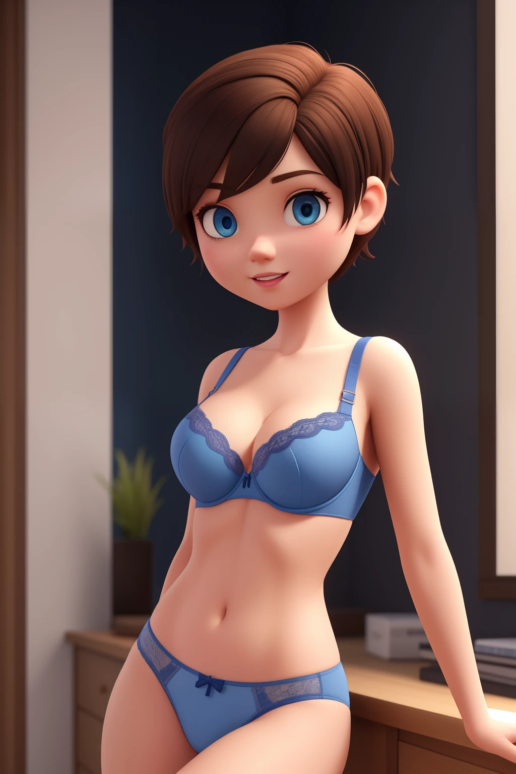 girl with short hair and blue eyes, young looking, wearing bra, panties, Portait photo. 3d cartoon with accurate proportions,