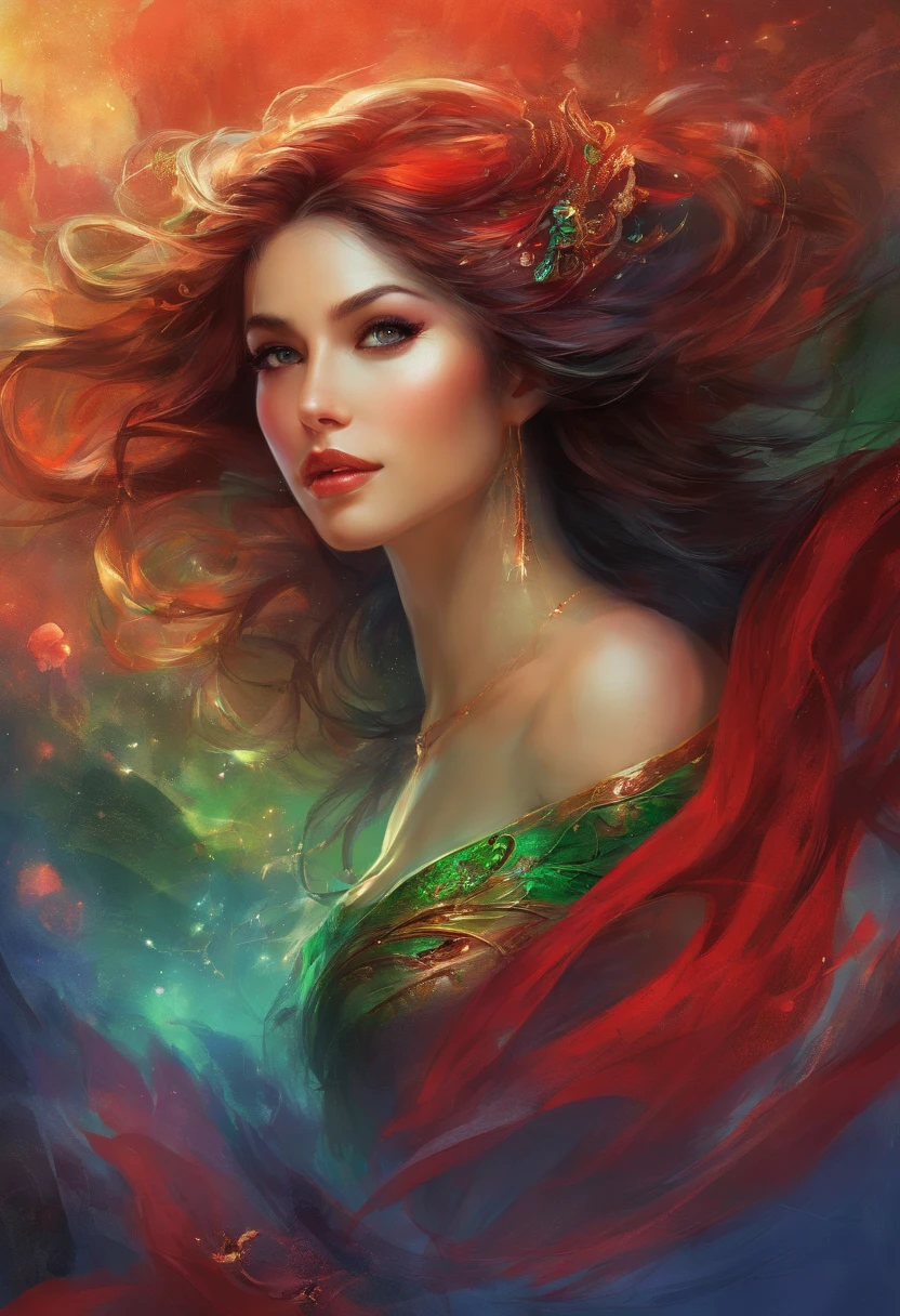 Portrait of a woman's face in high definition, big bright green eyes, full red mouth, wearing large cascading emerald earrings, red dress with neckline and silver embroidery, long black hair, woman with sexy and seductive look, looking at