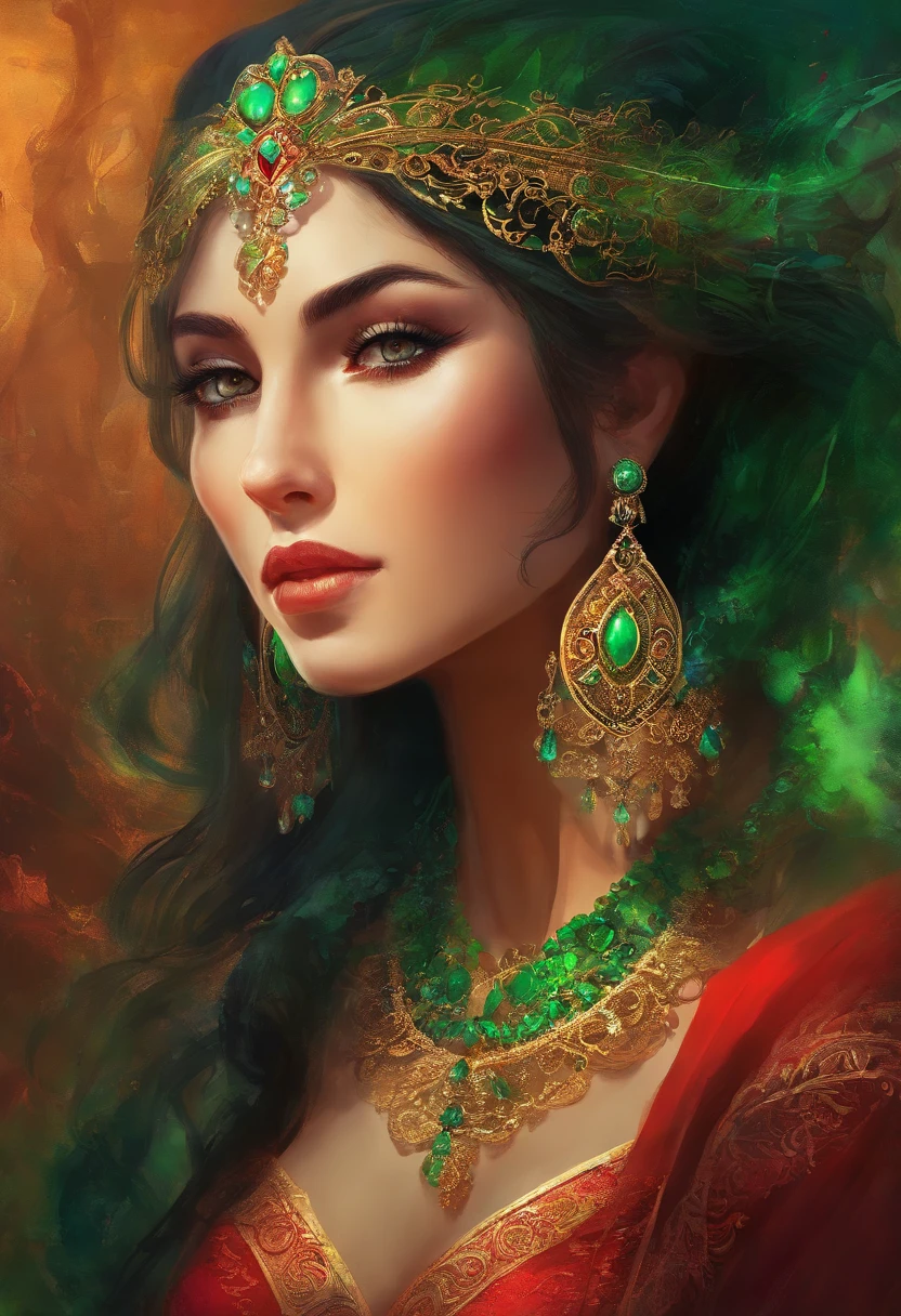 Portrait of a woman's face in high definition, big bright green eyes, full red mouth, wearing large cascading emerald earrings, red dress with neckline and silver embroidery, long black hair, woman with sexy and seductive look, looking at