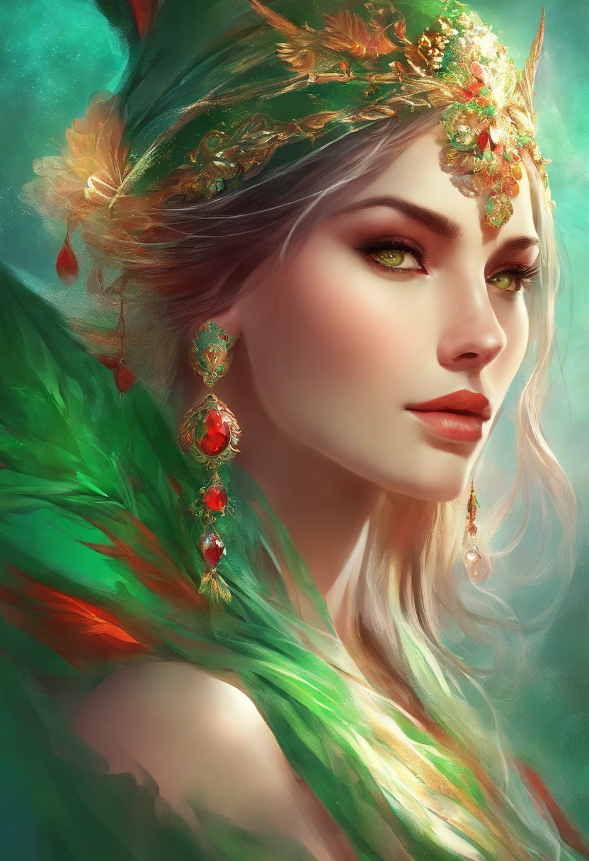Portrait of a woman's face in high definition, big bright green eyes, full red mouth, wearing large cascading emerald earrings, red dress with neckline and silver embroidery, long black hair, woman with sexy and seductive look, looking at