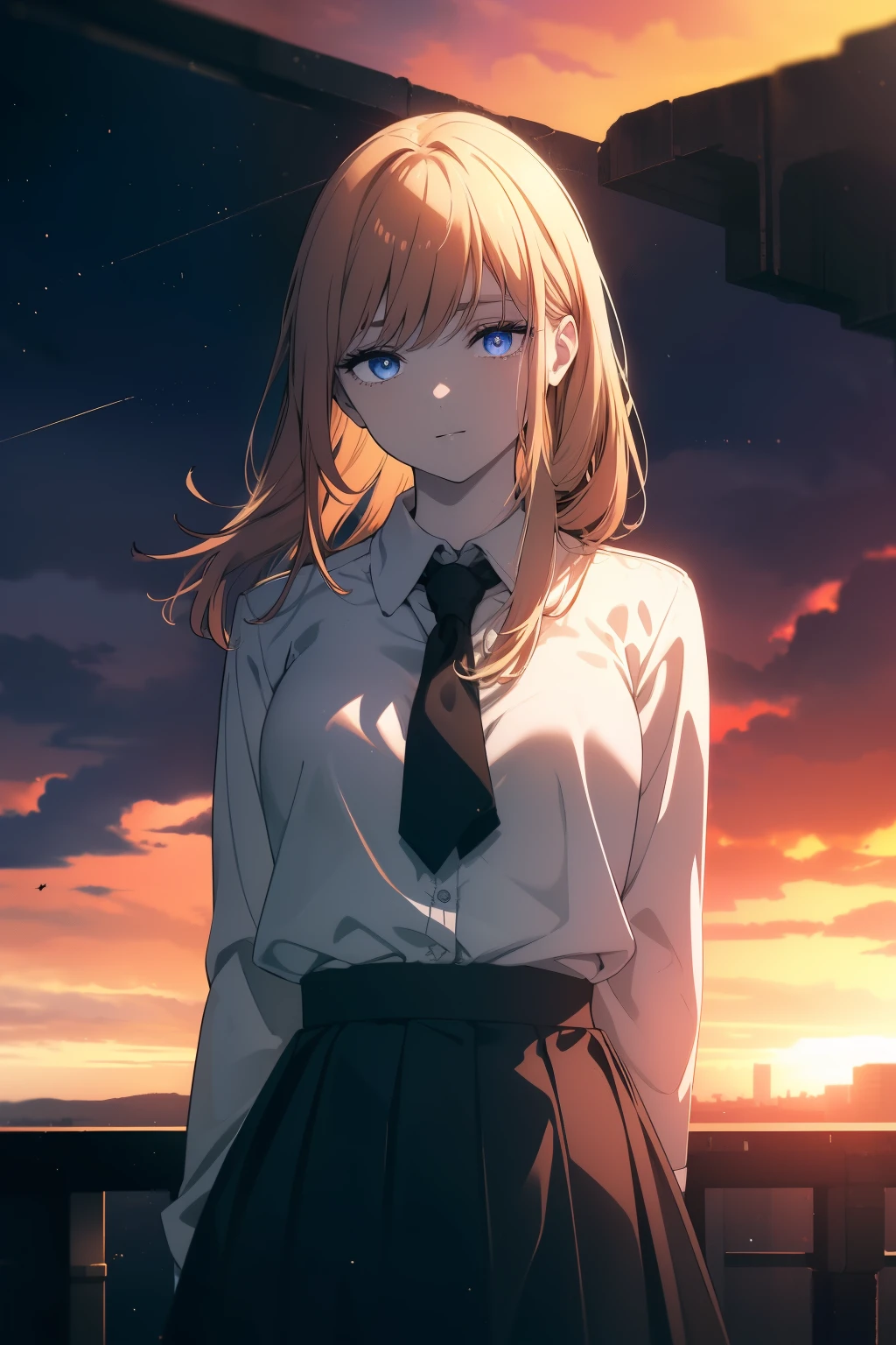 (((Obra maestra, La mejor calidad, ultrahigh resolution))), 1girl, standing, school uniform, white office shirt, black pleated skirt, ((light brown hair:0.7)), long hair cut, pale skin, ((blue eyes)), glowing_eyes, neon eyes, (((ultra detailed eyes, beautiful and detailed face, detailed eyes))), ((centered)), smile, ((wide shot)), facing viewer, eye level, (sunset background), flat chested, looking at viewer, ((half closed eyes)), ((perfect hands)), (((head, arms, hips, elbows, in view))), ((hands behind back)), empty eyes, beautiful lighting, outside, outdoors, shooting star:0.7, background, defined subject, massive hot sun, 25 years old