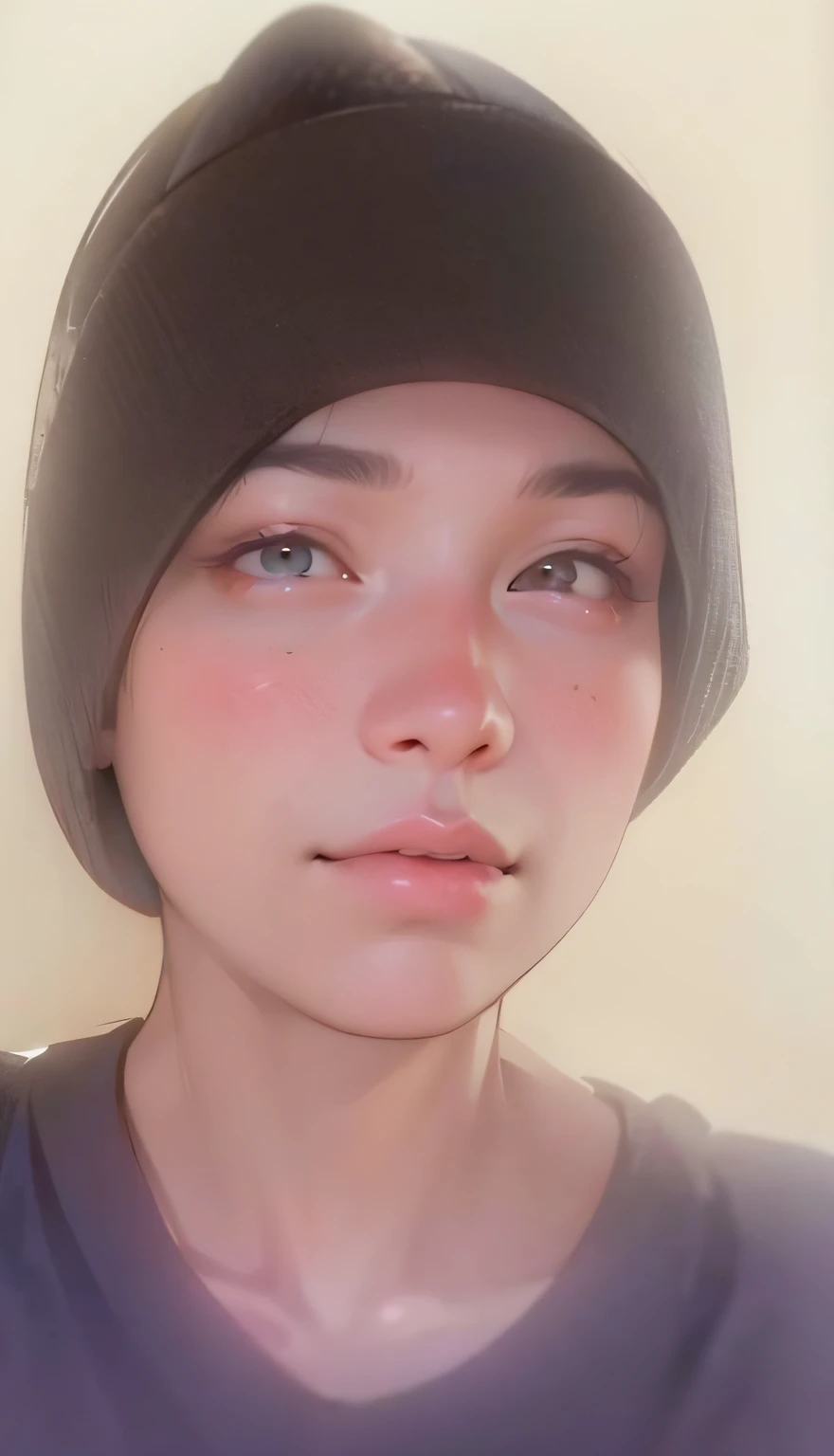 a close up of a woman with a black hat on, androgynous face, desaturated!!, 18 years old, shaven face, postprocessed), face photo, with hat, asian face, with accurate face, inspired by Gao Cen, desaturated!, inspired by Li Fangying, 1 6 years old, low quality photograph, clean shaven face