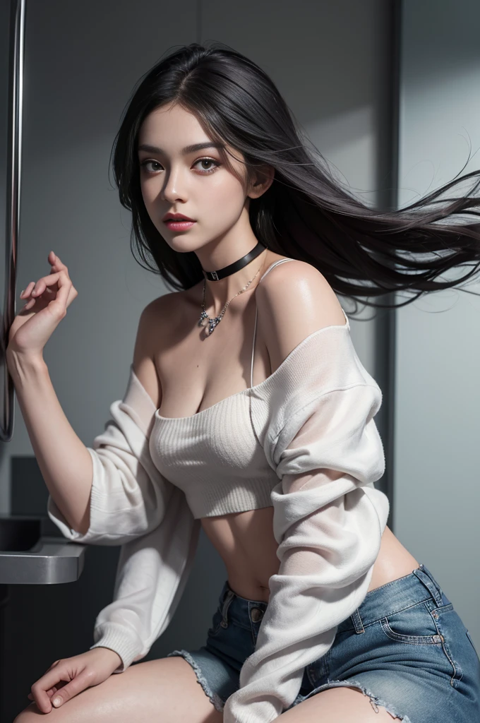 Kendall jenner wearing a skirt, shirtless, ((small breasted, perfect )), legs spread, round ass, (((exposing breasts and pussy in lewd pose))) with detailed seductive alluring eyes in a cyberpunk arcade, best quality masterpiece, photorealistic, detailed, 8k, HDR, shallow depth of field, broad light, high contrast, backlighting, bloom, light sparkles, chromatic aberration, sharp focus, RAW color photo