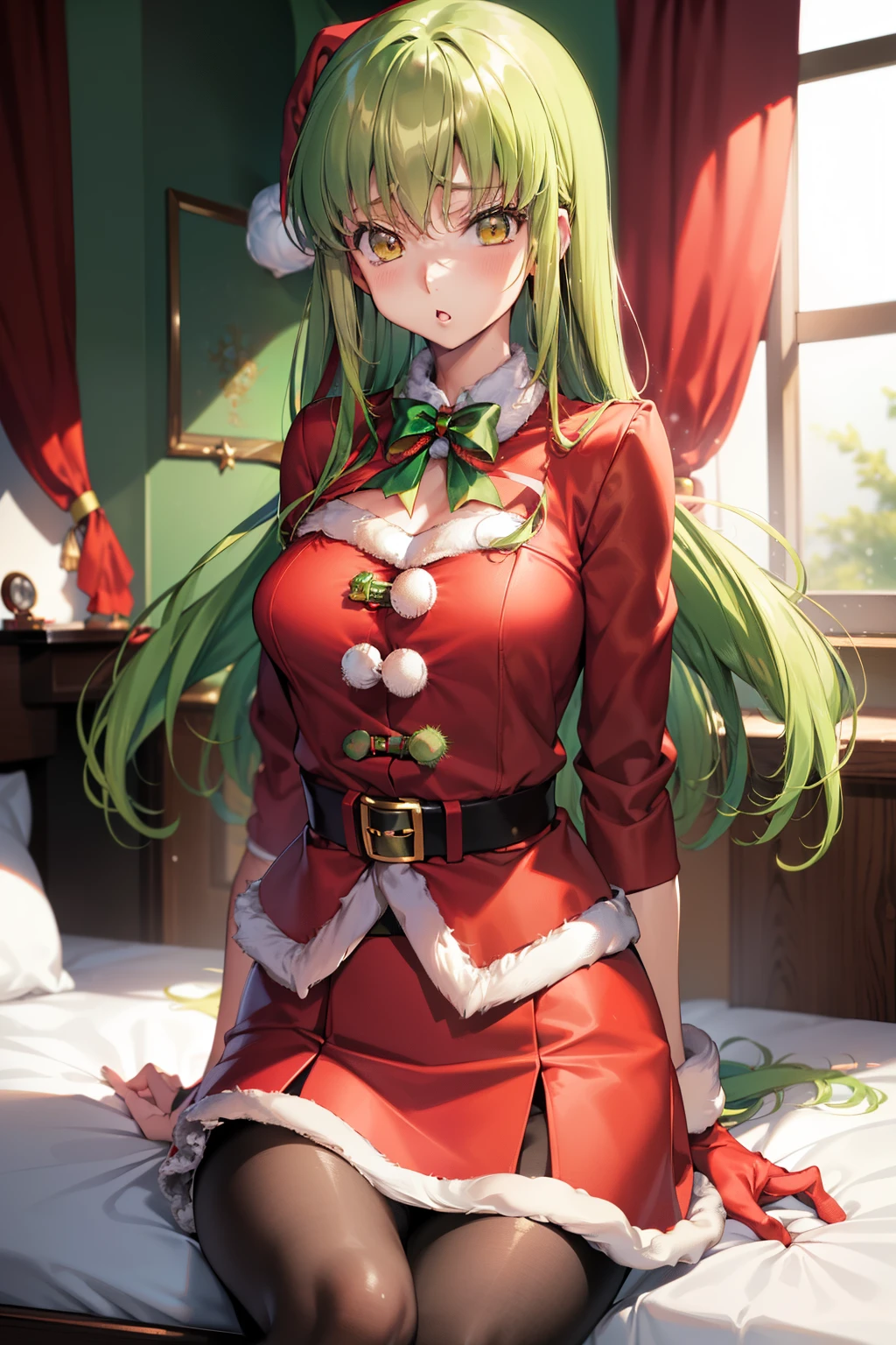 masutepiece, Best Quality, 1girl in, (c.c),Green head hair, (Green eye:1.2),(((Santa Claus clothes)))、((a miniskirt))、length hair、((embarassed expression))、((Bedroom))、((Red jacket))、((Long gloves))、((pantyhose))、((a red skirt))