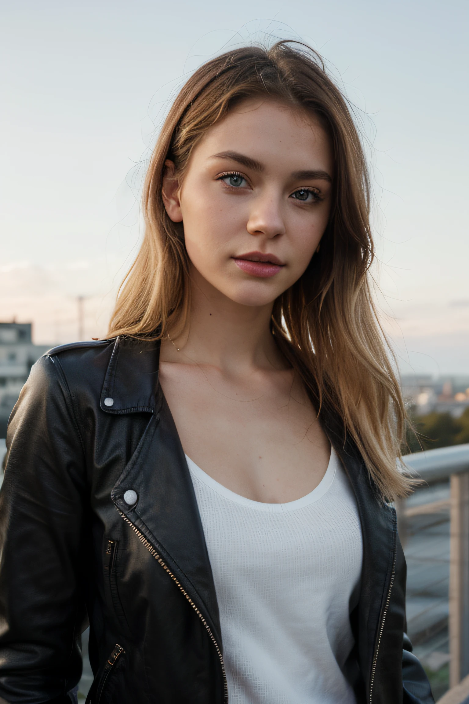 Extremely realistic blonde Russian girl with blonde hair and blue eyes, wearing a black leather jacket, white top, entire upper body, looking at the sky, not portrait