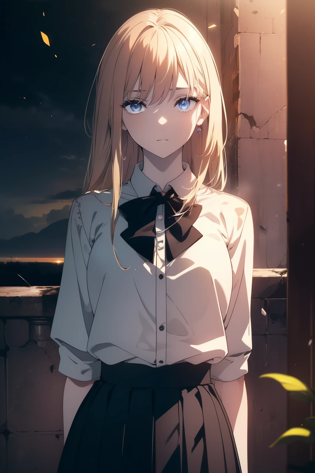 (((Obra maestra, La mejor calidad, ultrahigh resolution))), 1girl, standing, school uniform, white office shirt, black pleated skirt, ((light brown hair:0.7)), long hair cut, pale skin, ((blue eyes)), (glowing_eyes), neon eyes, (((ultra detailed eyes, beautiful and detailed face, detailed eyes))), ((centered)), smile, ((wide shot)), facing viewer, eye level, (sunset background), flat chested, looking at viewer, ((half closed eyes)), ((perfect hands)), (((head, arms, hips, elbows, in view))), ((hands behind back)), empty eyes, beautiful lighting, outside, outdoors, shooting star:0.7, background, defined subject, massive hot sun, 25 years old