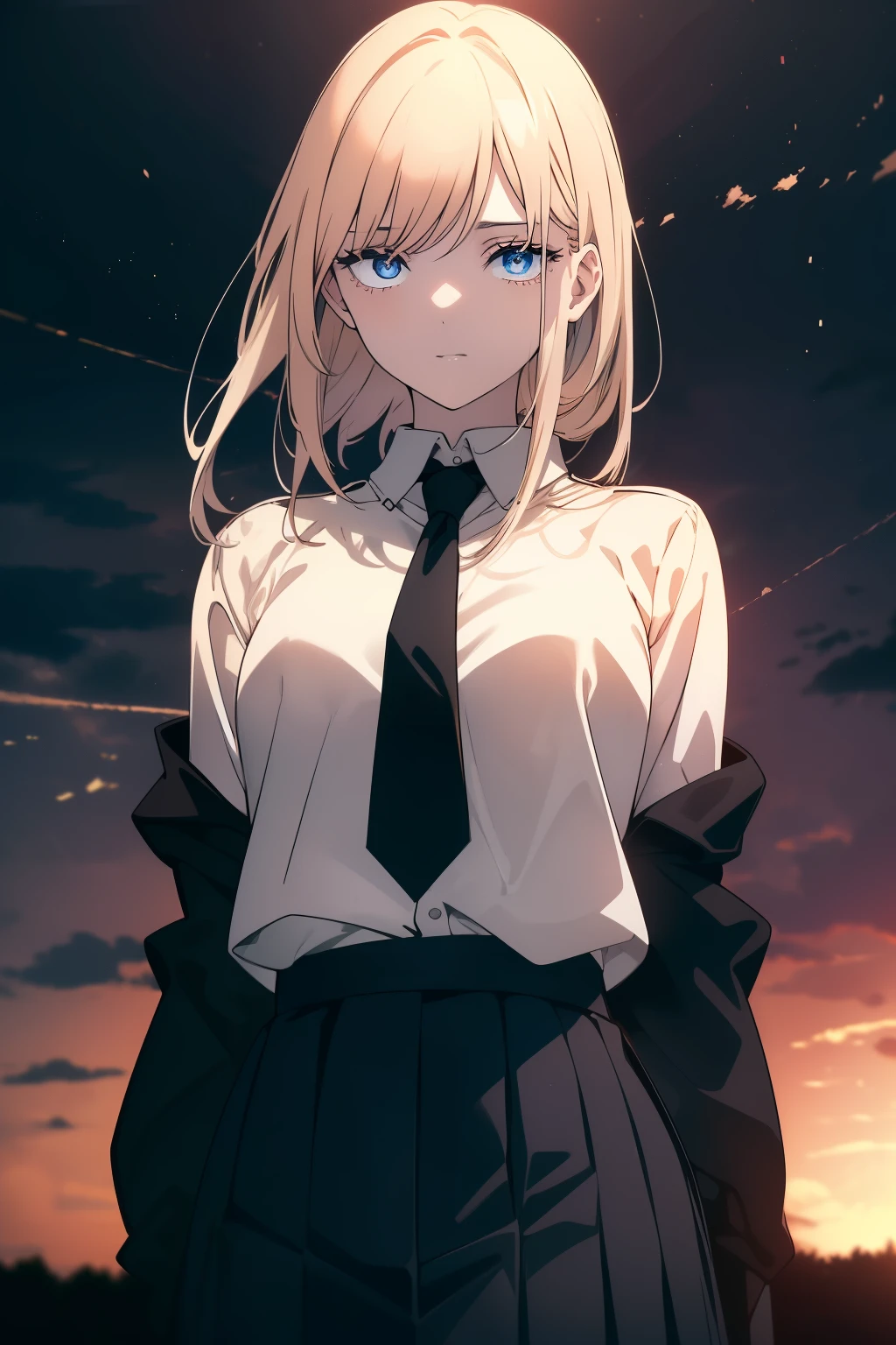 (((Obra maestra, La mejor calidad, ultrahigh resolution))), 1girl, standing, school uniform, white office shirt, black pleated skirt, ((light brown hair:0.7)), long hair cut, pale skin, ((blue eyes)), (glowing_eyes), neon eyes, (((ultra detailed eyes, beautiful and detailed face, detailed eyes))), ((centered)), smile, ((wide shot)), facing viewer, eye level, (sunset background), flat chested, looking at viewer, ((half closed eyes)), ((perfect hands)), (((head, arms, hips, elbows, in view))), ((hands behind back)), empty eyes, beautiful lighting, outside, outdoors, shooting star:0.7, background, defined subject, massive hot sun, 25 years old