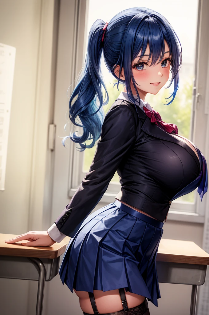 1girl face, blue hair, smile,, 1girl, large breasts, huge chest, short pony tail,, skirt, school uniform, shirt, outdoor, slim body, garter belt, blazer, classroom