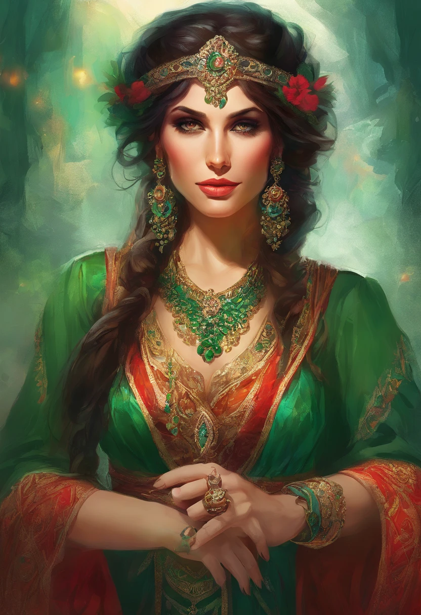 Portrait of a ((gypsy woman's)) face in high definition, big bright green eyes, full red mouth, wearing large cascading emerald earrings, red dress with neckline and silver embroidery, ((long black hair)), woman with sexy and seductive look, looking at