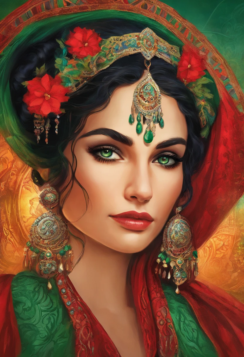 Portrait of a ((gypsy woman's)) face in high definition, big bright green eyes, full red mouth, wearing large cascading emerald earrings, red dress with neckline and silver embroidery, ((long black hair)), woman with sexy and seductive look, looking at