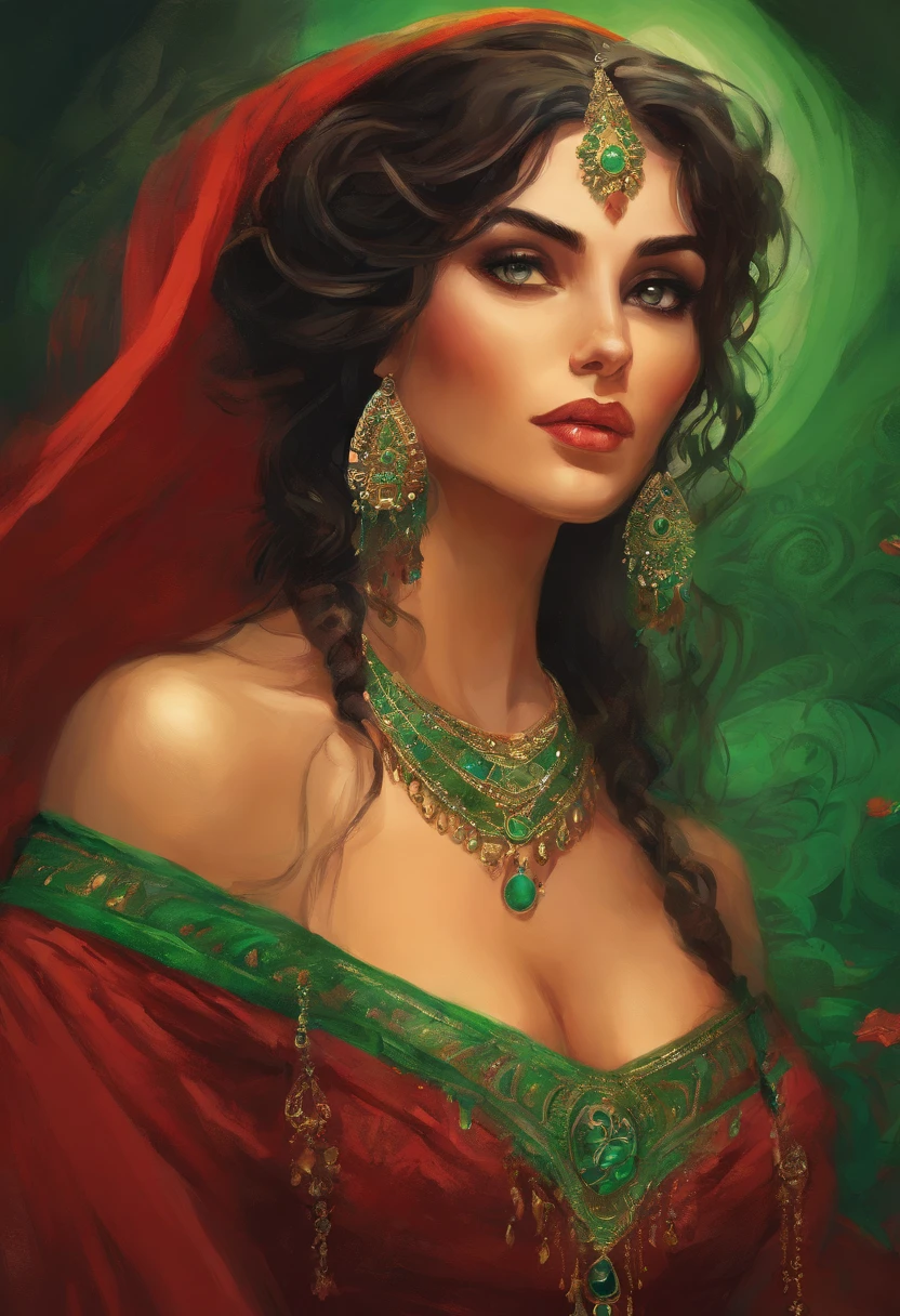 Portrait of a ((gypsy woman's)) face in high definition, big bright green eyes, full red mouth, wearing large cascading emerald earrings, red dress with neckline and silver embroidery, ((long black hair)), woman with  and  look, looking at