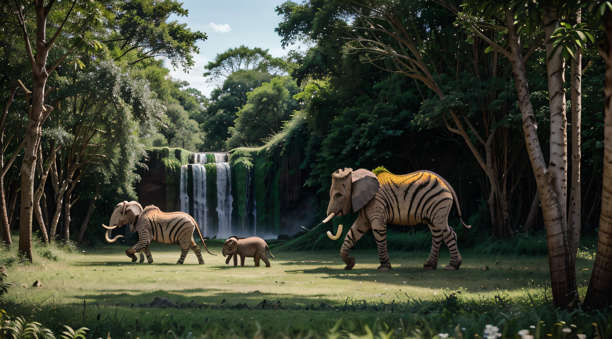 2 large elephants, 2 kleine Affen, 3 Papageien, 1 Zebra, 2 Giraffen, die im Wald spazieren gehen, Trees, Wasserfall, Blumen, Gras
