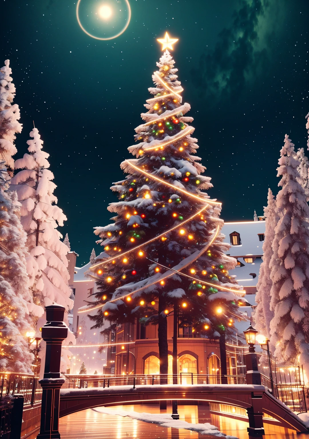 1 Transparent Glowing Christmas Mechanical Girl，Futuristic girl，Mechanical Union Christmas City Background，model shoot style, (extremely detaild的 CG unified 8k wallpapers), The beauty of abstract style,，hyper realisitc, 8K, super detailing, Best quality, Award-Awarded, Anatomically correct, 16k, super detailing