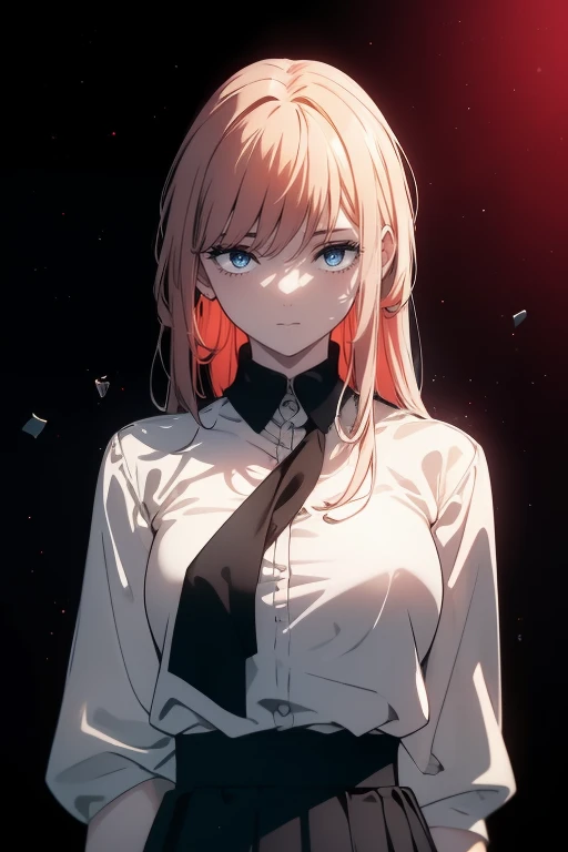 (((Obra maestra, La mejor calidad, ultrahigh resolution))), 1girl, standing, school uniform, white office shirt, black pleated skirt, ((light brown hair:0.7)), long hair cut, pale skin, ((blue eyes)), glowing_eyes, neon eyes, (((ultra detailed eyes, beautiful and detailed face, detailed eyes))), ((centered)), smile, ((wide shot)), facing viewer, eye level, (red abstract angular CSM cover background that shows a striking and gritty elegance but also displays a hint of danger), flat chested, looking at viewer, ((half closed eyes)), ((perfect hands)), (((head, arms, hips, elbows, in view))), ((hands behind back)), empty eyes, beautiful lighting, outside, outdoors, shooting star:0.7, background, defined subject, massive hot sun, 25 years old