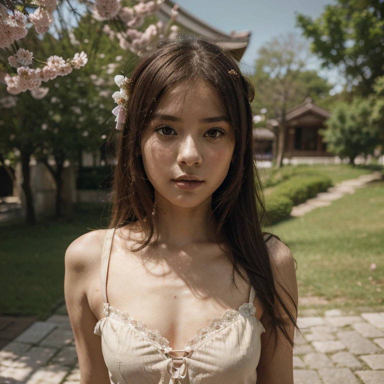 French  girl in dress, realistic photo, large breasts , hands tied up to a tree with ropes, hands above head, summer forest, detailed hands and face and eyes, looking away, full body, shot from above, 16k UHD
