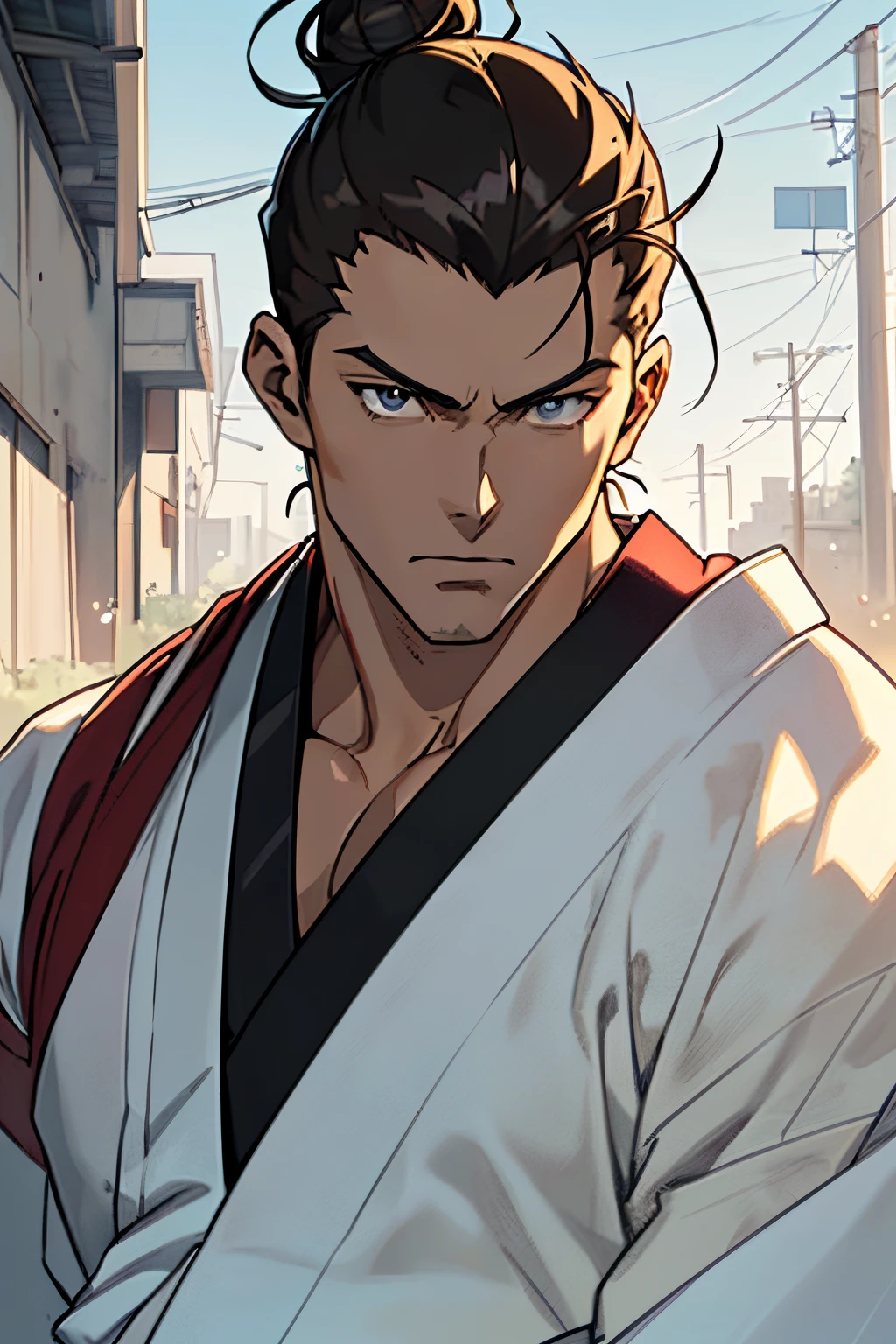 (pov), (head shot:1.5), (frontal face:1.8), (tall, lean-built, perfect anatomy), (((male:2.0, man:2.0, manly:2.0, handsome, ikemen:2.0, cool, bishounen, , male focus:2.0))), (extremely muscular:1.8), mature, aesthetic, square face, square jaw, (((sharp narrow eyes))), (ultra detailed eyes), eyes in highlight , (catch light eyes:1.1), (specular highlight eyes:1.1), full power, (outdoors), (anime picture, art cg:1.4), (ultra-detailed:1.3), masterpiece, best quality, illustration, particle lighting, unity 8k wallpaper, beautiful detailed glow, an extremely delicate and beautiful, gleaming skin, (black hair:1.2), (slicked back hair:1.2), (bun on the top), shiny hair, (red kimonos),(red haori and hakama)