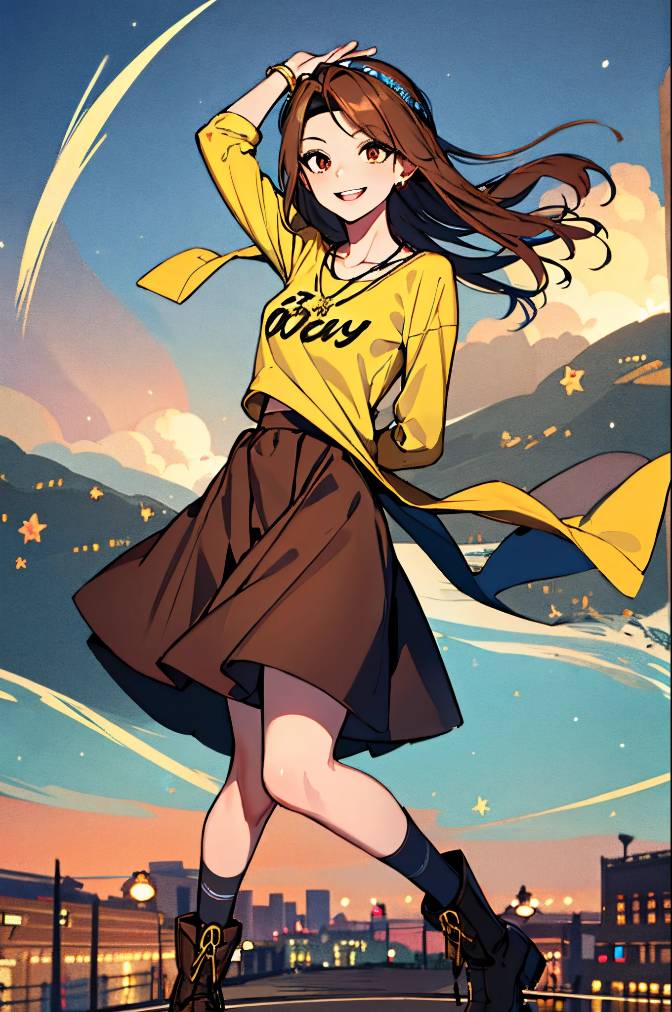 (masterpiece), best quality, expressive eyes, highres, perfect eyes, perfect face, perfect hands, 1girl, genie, zodiac, shirt over 1 shoulder, long sleeves, necklace, long Brown Hair, city background, headband, Brown eyes, Brown skirt, small bust, charismatic, crazy face, crazy eyes, crazy smile, perfect anatomy, full body, 1girl, solo, blue shirt, gold letters, graphic t-shirt, bracelets, necklace, jewelry, arm sleeves, manipulative, gaslighting, friendly, hands behind back, smile, happy, expressive, loose clothing, flowing clothing, gold accents, stars, night sky, skyline, flowing, wind, windy, standing, excited, hippie, hand on head, hand on hip, smiling,